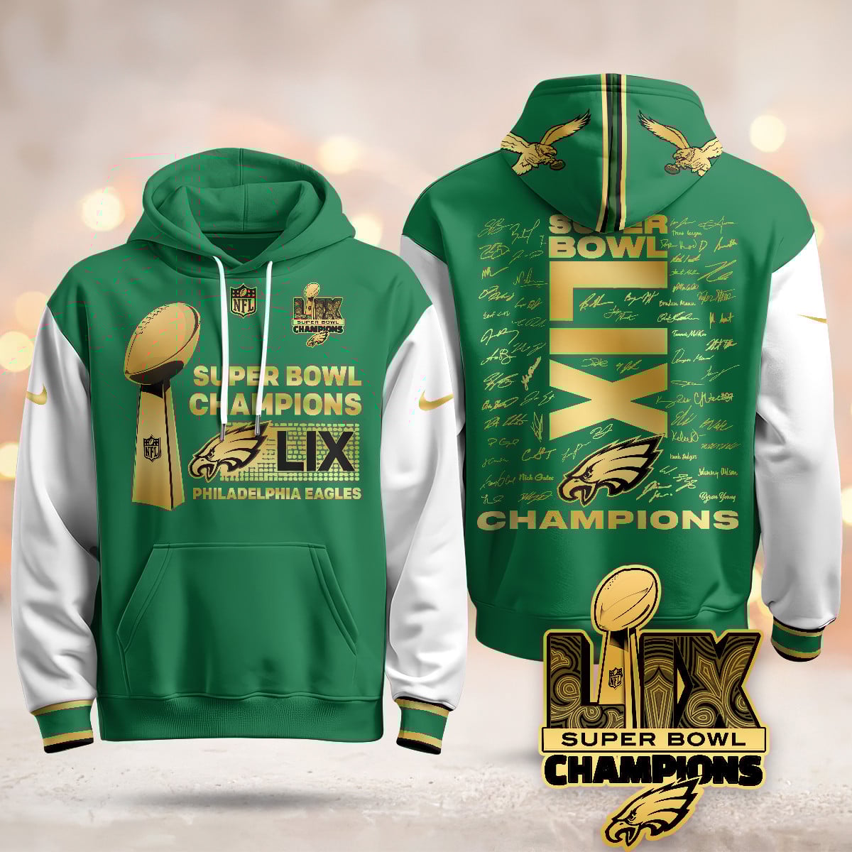 Philadelphia Eagles Super Bowl LIX Champions Roster Signing Gold Hoodie