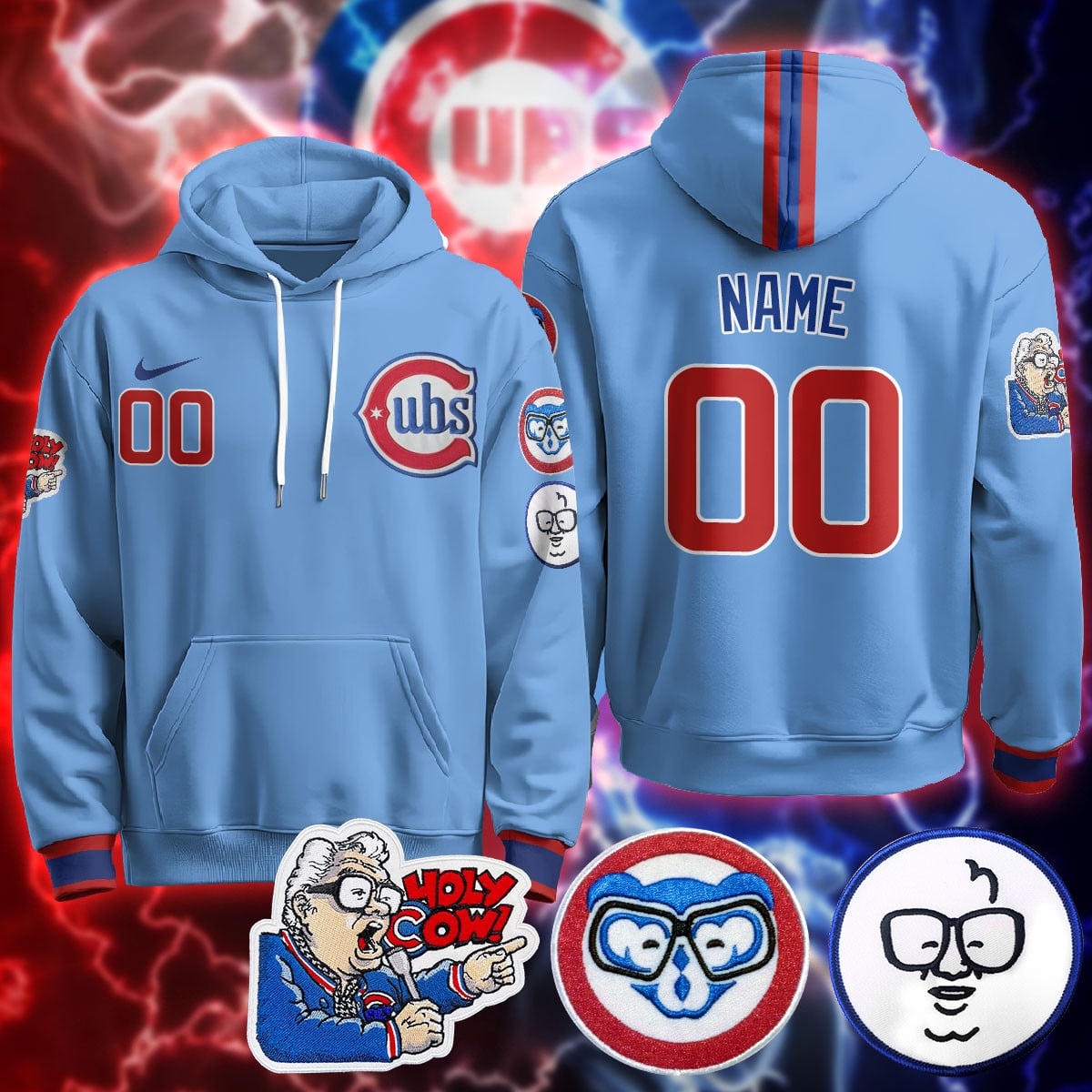 Custom Name Chicago Cubs Limited Hoodie – Harry Caray “Holy Cow” Patch – All Stitched
