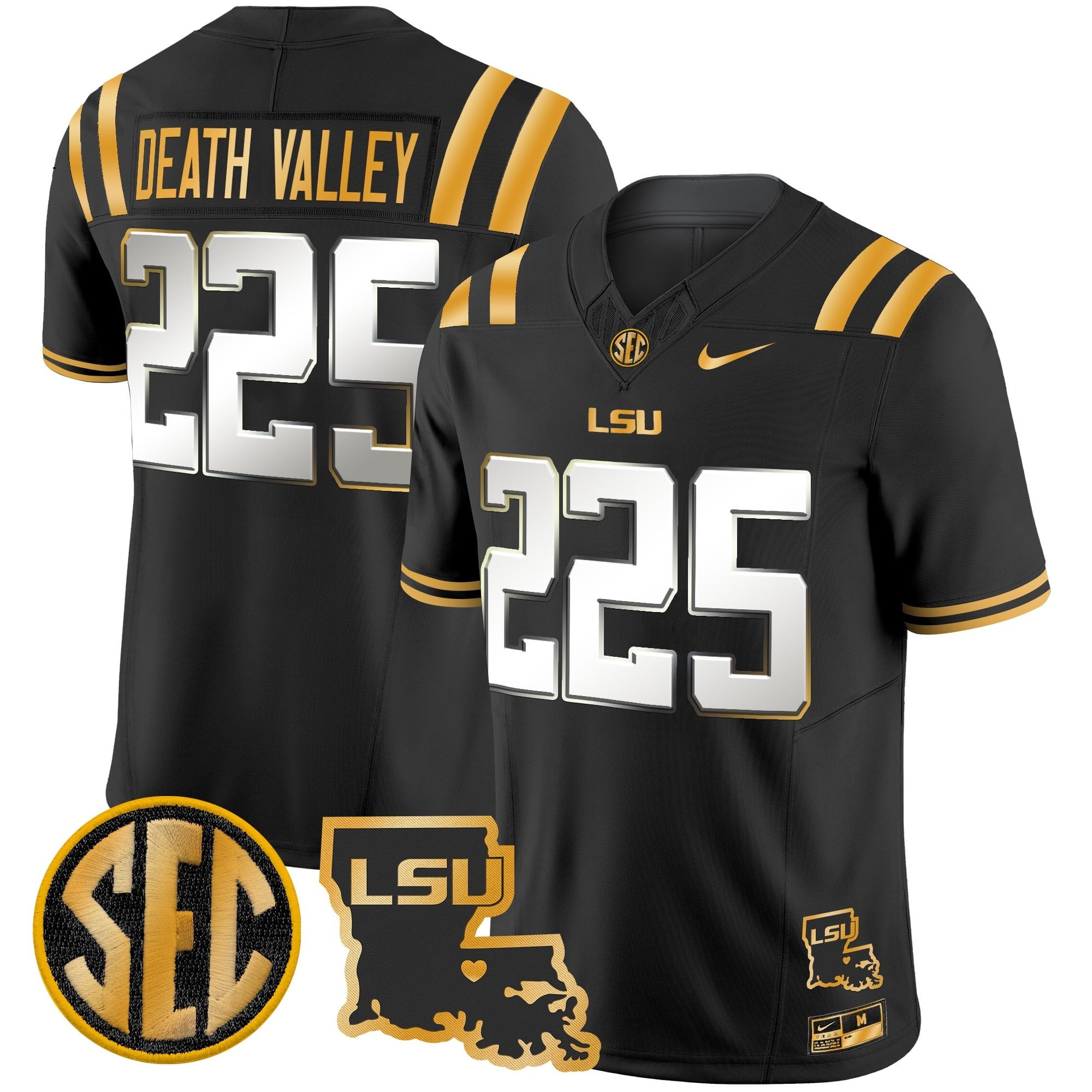 Men’s LSU Tigers 2025 Louisiana Patch Gold Vapor Limited Jersey – All Stitched