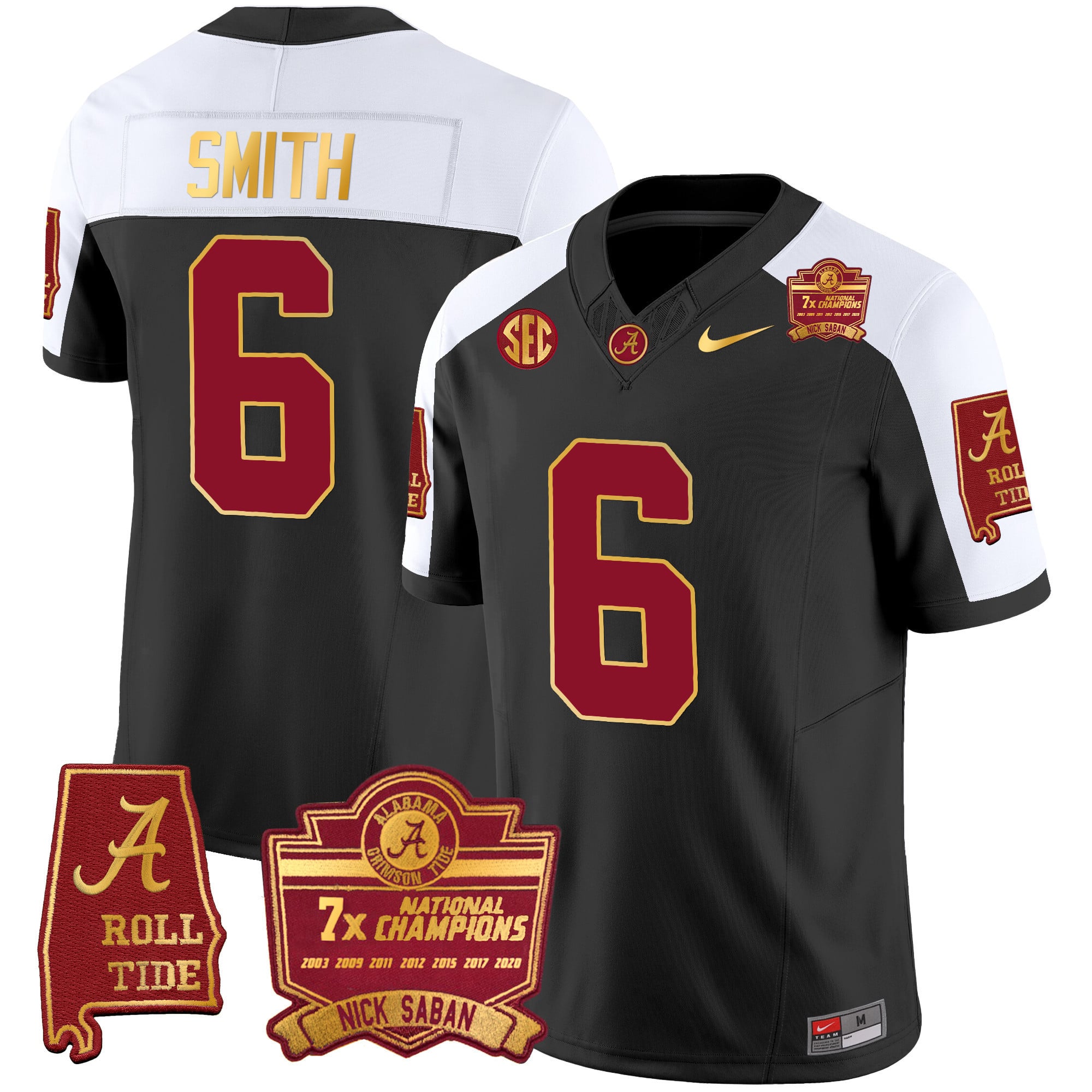 Men’s Alabama Crimson Tide Nick Saban 7x Champions Patch Gold Trim Jersey – All Stitched