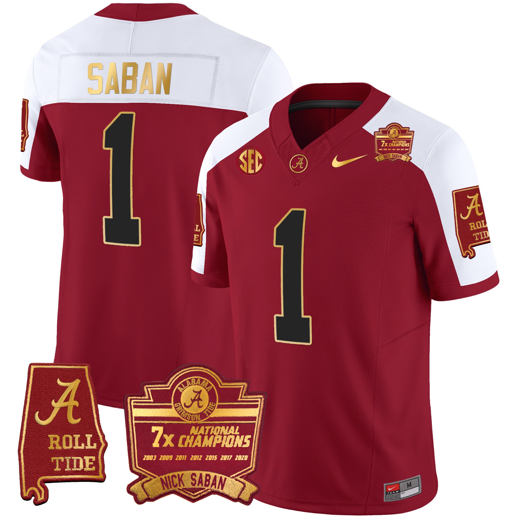 Men’s Alabama Crimson Tide Nick Saban 7x Champions Patch Gold Trim Jersey – All Stitched