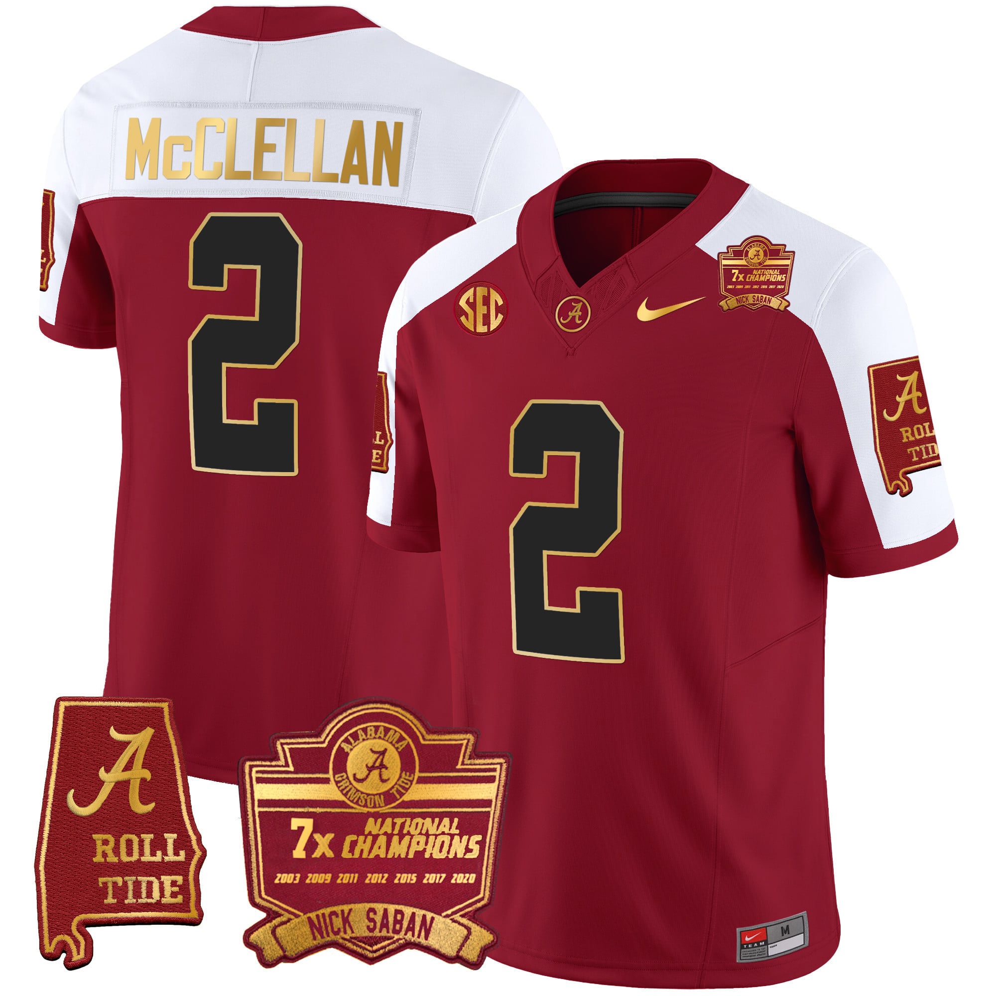Men’s Alabama Crimson Tide Nick Saban 7x Champions Patch Gold Trim Jersey – All Stitched