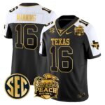 Men’s Texas Longhorns Peach Bowl Patch Gold Vapor Limited Jersey – All Stitched