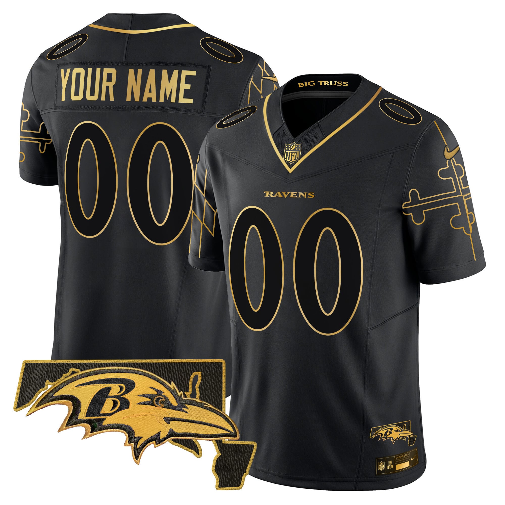 Ravens Maryland Flag Map Patch Gold Vapor Limited Custom Jersey – All Stitched