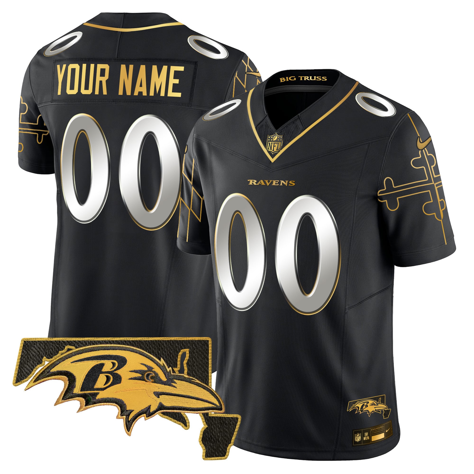 Ravens Maryland Flag Map Patch Gold Vapor Limited Custom Jersey – All Stitched