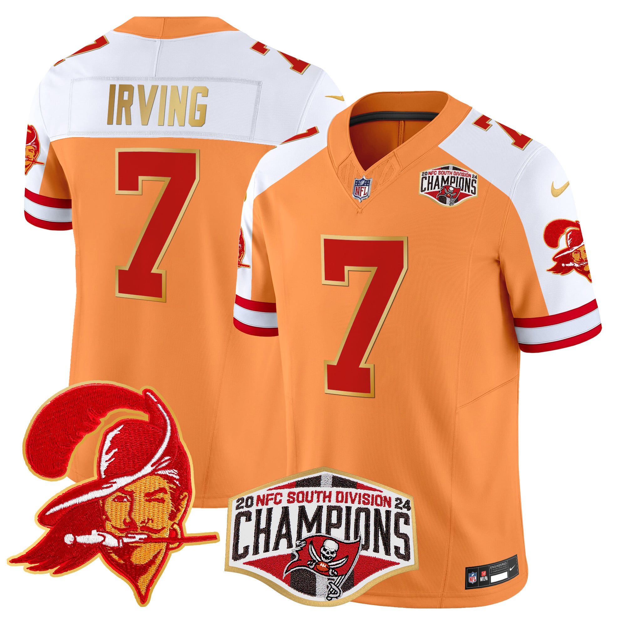 Men’s Buccaneers Creamsicle 2024 NFC South Division Champions Patch Gold Trim Vapor Limited Jersey – All Stitched