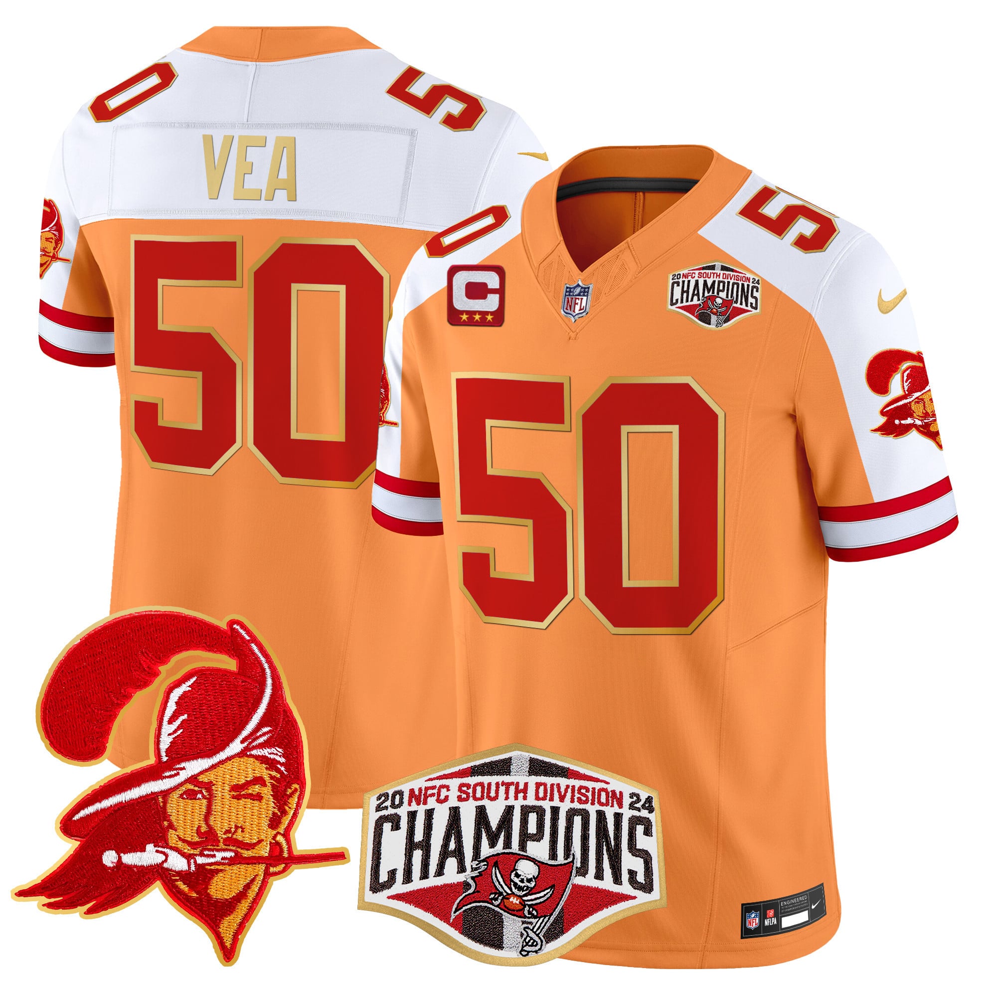 Men’s Buccaneers Creamsicle 2024 NFC South Division Champions Patch Gold Trim Vapor Limited Jersey – All Stitched