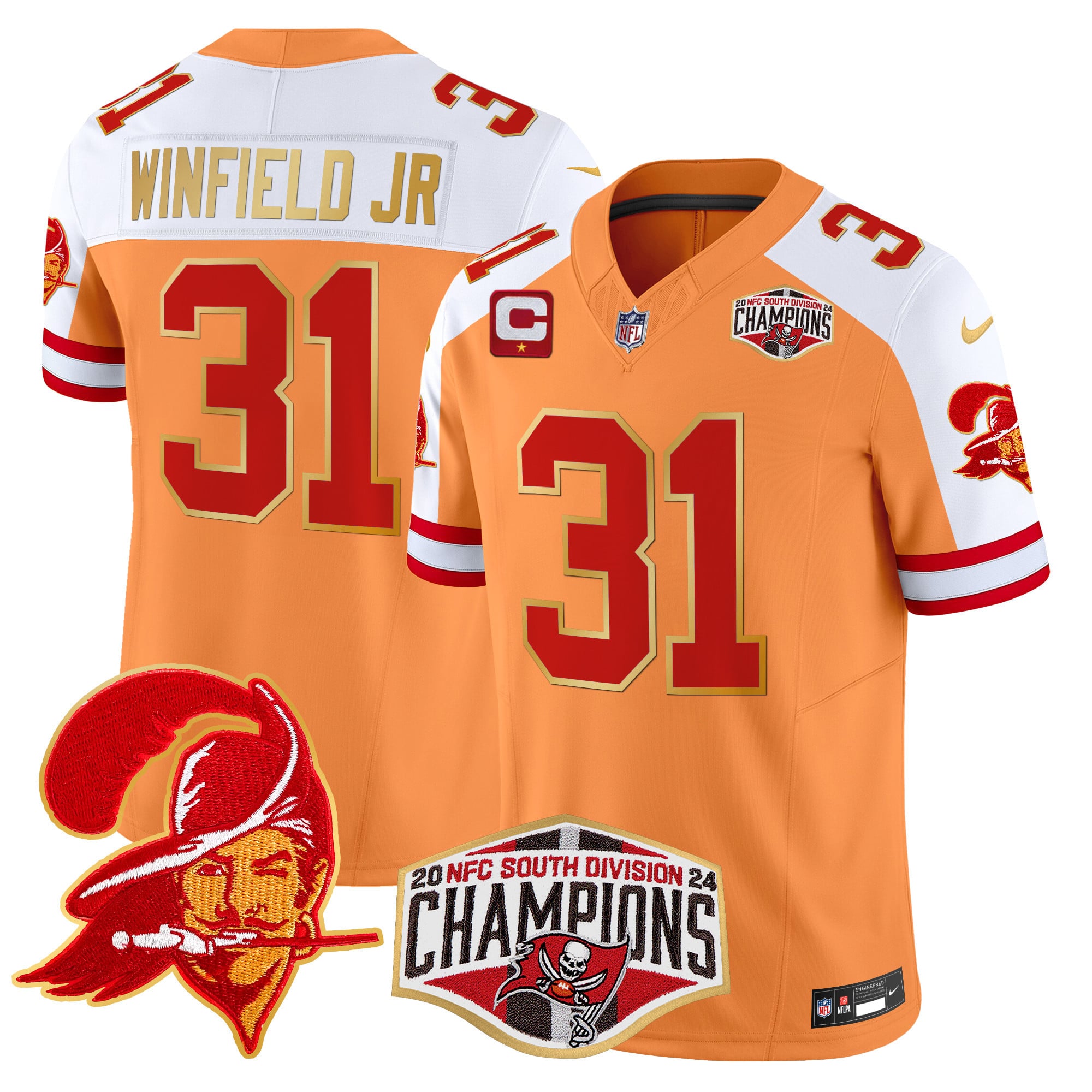 Men’s Buccaneers Creamsicle 2024 NFC South Division Champions Patch Gold Trim Vapor Limited Jersey – All Stitched