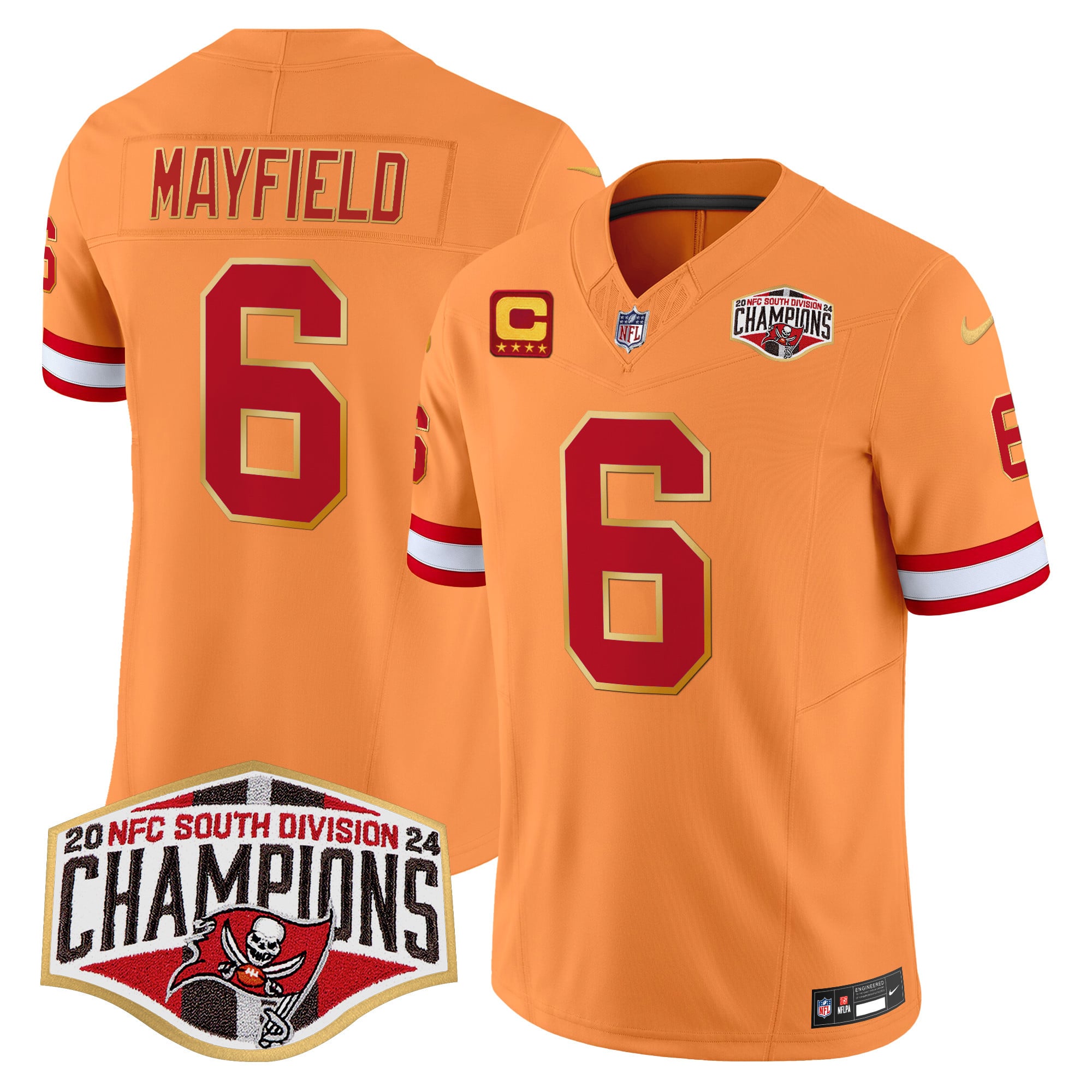 Men’s Buccaneers Creamsicle 2024 NFC South Division Champions Patch Gold Trim Vapor Limited Jersey – All Stitched