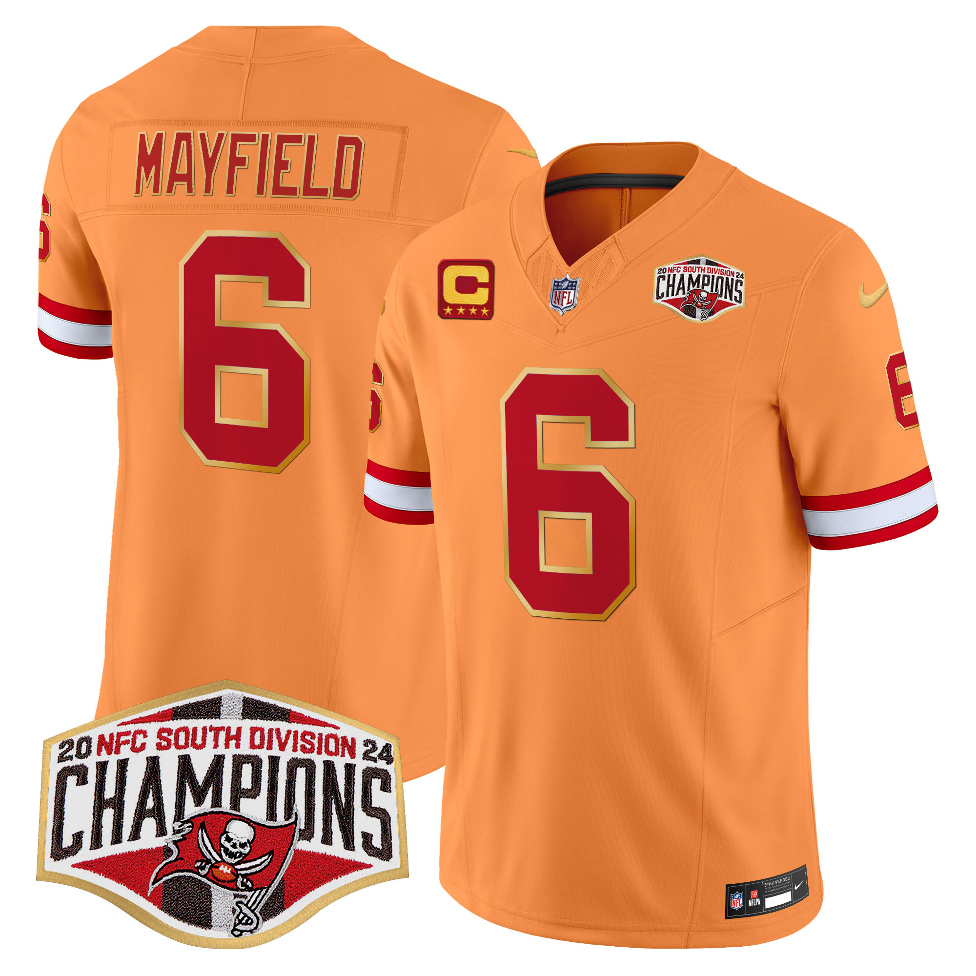 Men’s Buccaneers Creamsicle 2024 NFC South Division Champions Patch Gold Trim Vapor Limited Jersey – All Stitched