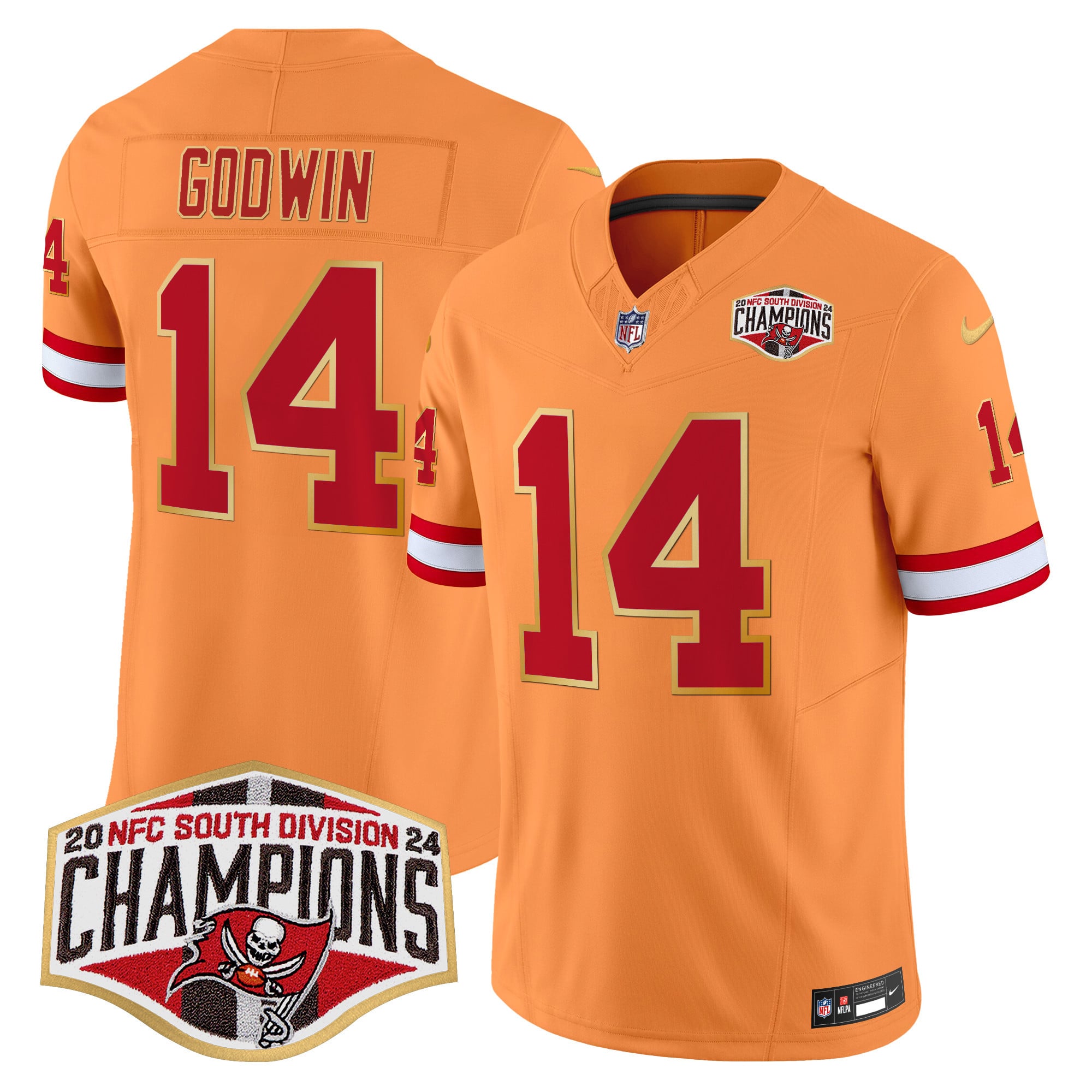 Men’s Buccaneers Creamsicle 2024 NFC South Division Champions Patch Gold Trim Vapor Limited Jersey – All Stitched