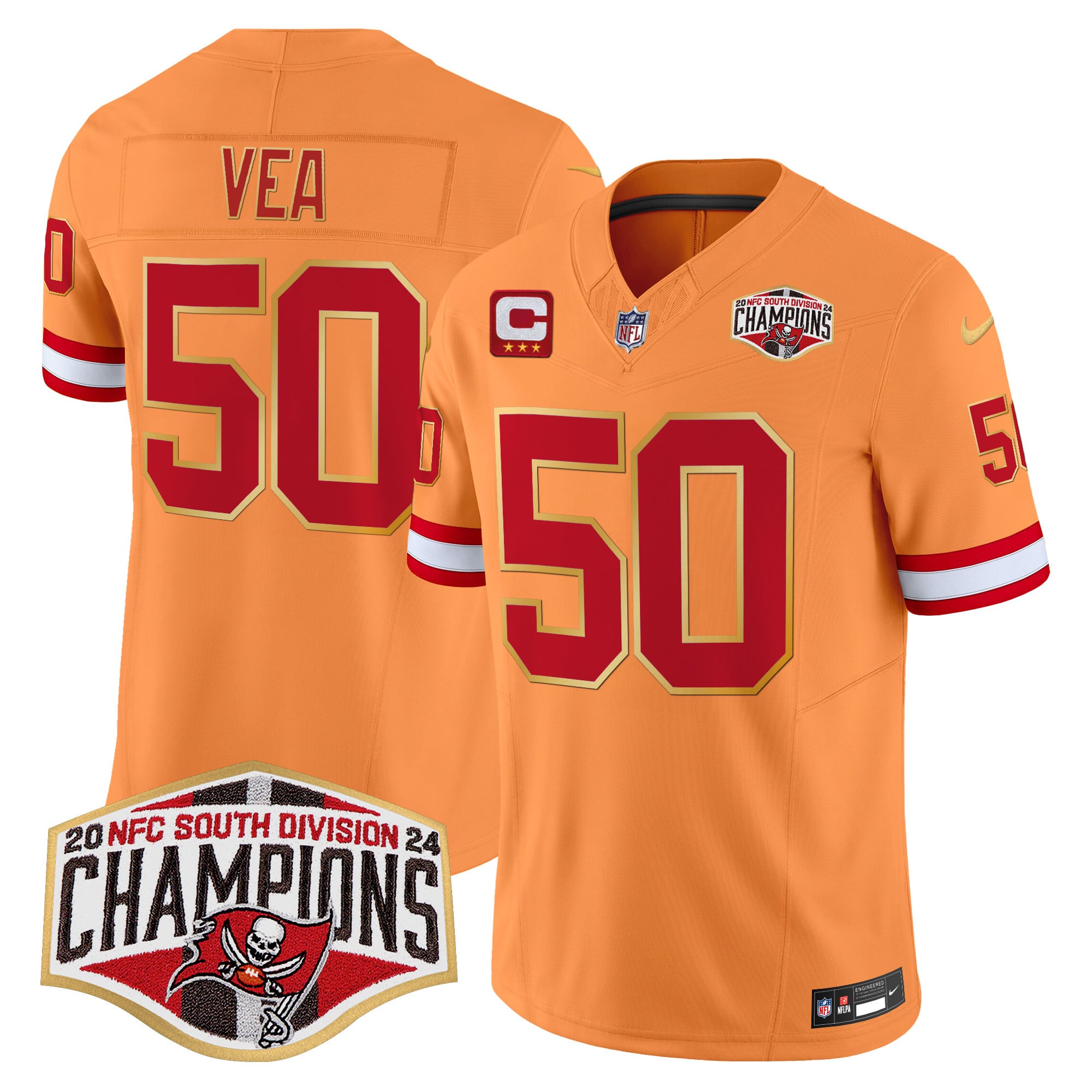 Men’s Buccaneers Creamsicle 2024 NFC South Division Champions Patch Gold Trim Vapor Limited Jersey – All Stitched