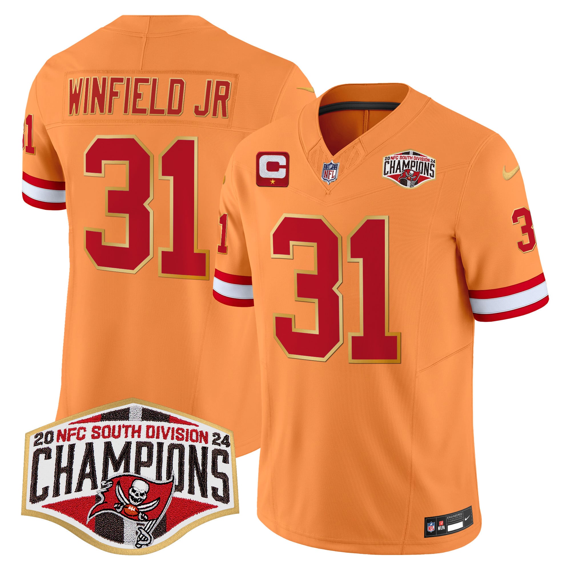 Men’s Buccaneers Creamsicle 2024 NFC South Division Champions Patch Gold Trim Vapor Limited Jersey – All Stitched