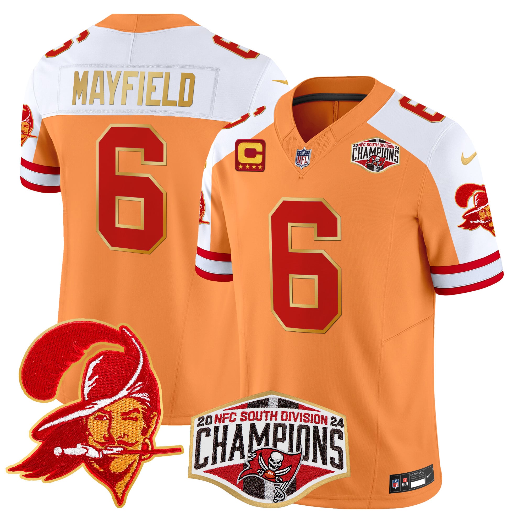Men’s Buccaneers Creamsicle 2024 NFC South Division Champions Patch Gold Trim Vapor Limited Jersey – All Stitched