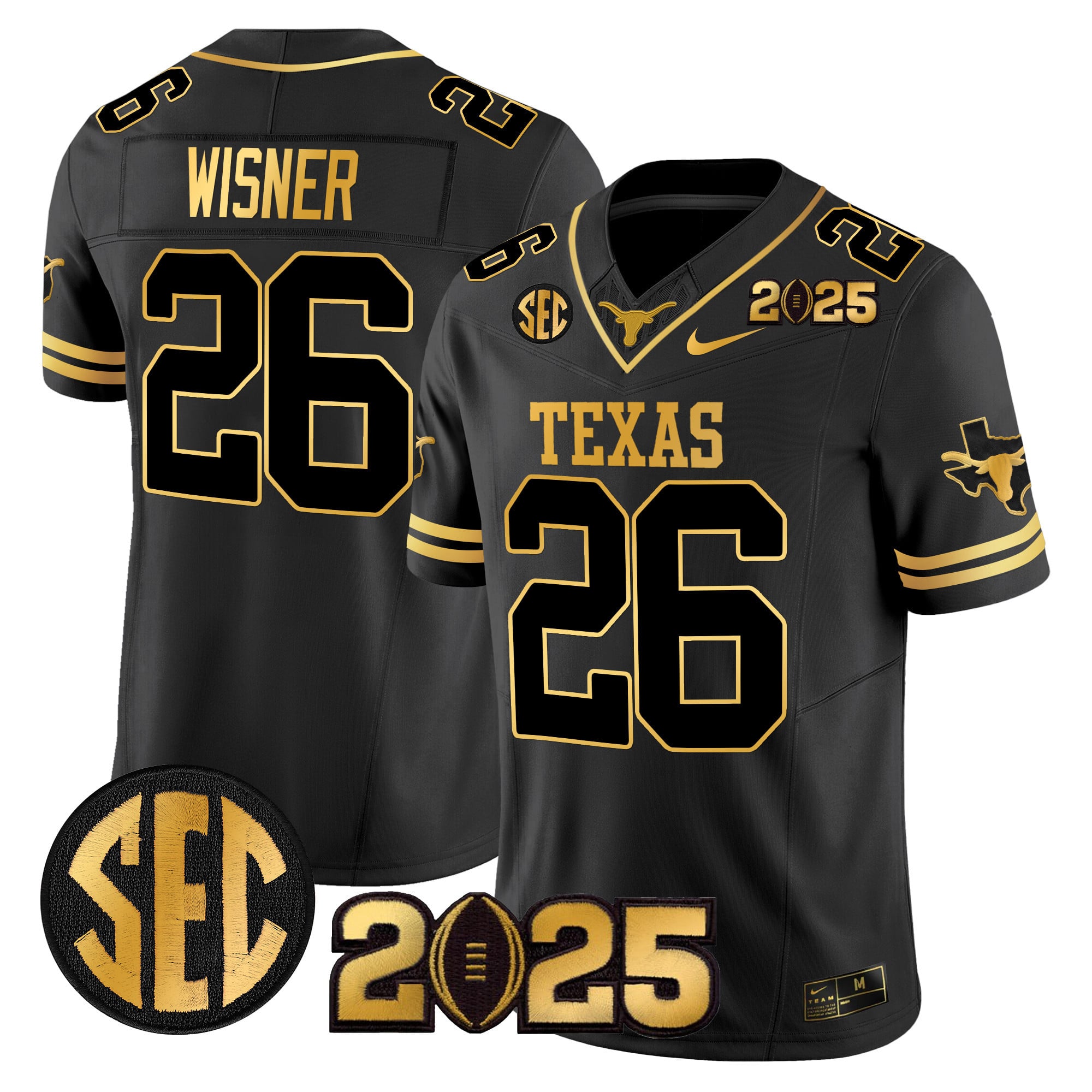 Men’s Texas Longhorns 2025 CFP Final Gold Patch Vapor Limited Jersey – All Stitched