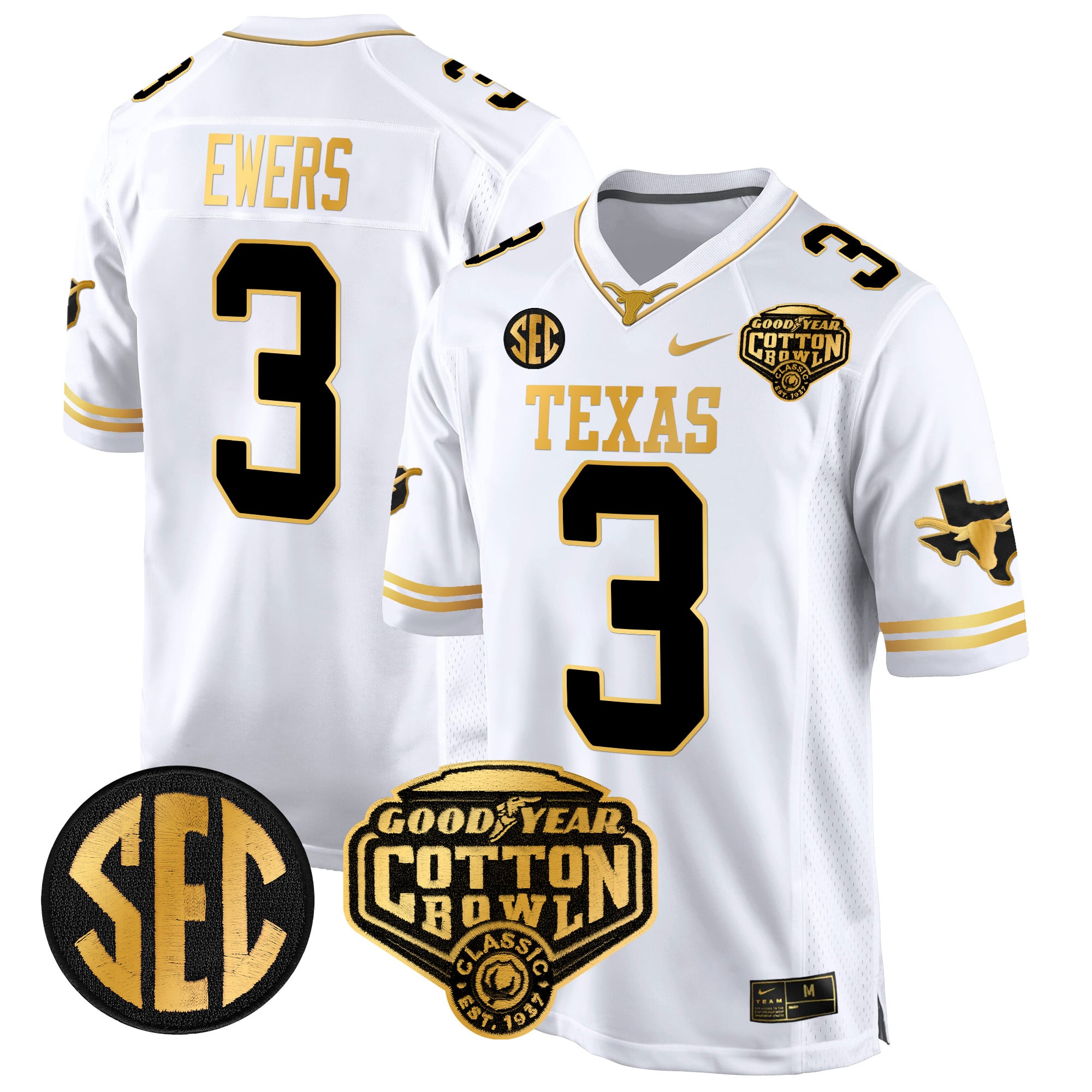 Men’s Texas Longhorns Cotton Bowl Patch Gold Game Jersey – All Stitched