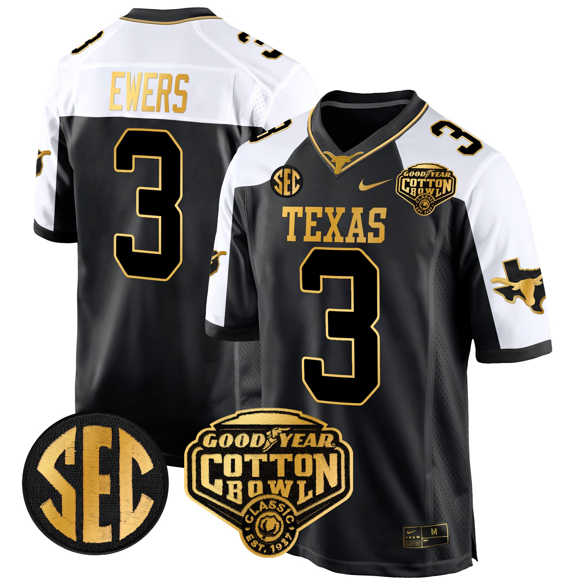 Men’s Texas Longhorns Cotton Bowl Patch Gold Game Jersey – All Stitched