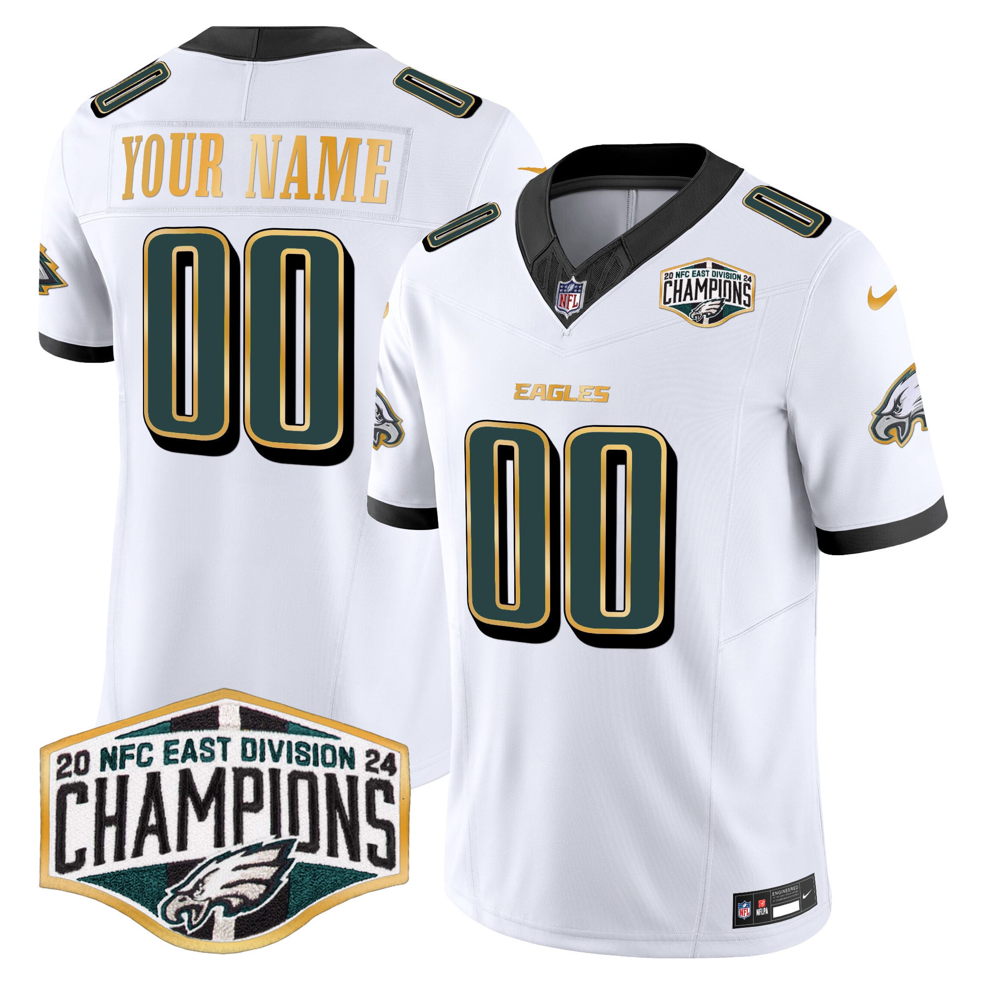 Custom Gender/Name Eagles 2024 NFC East Division Champions Gold Trim Vapor Limited Jersey – All Stitched
