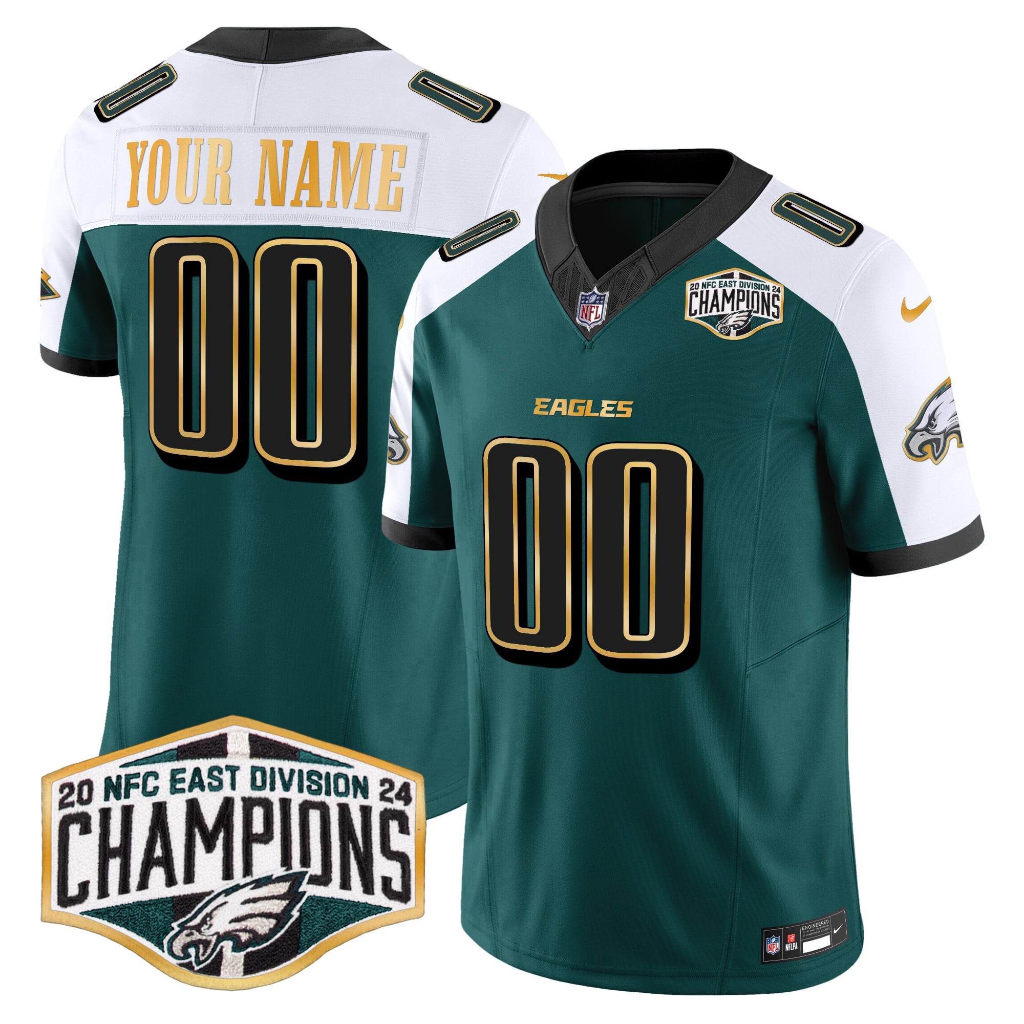 Custom Gender/Name Eagles 2024 NFC East Division Champions Gold Trim Vapor Limited Jersey – All Stitched