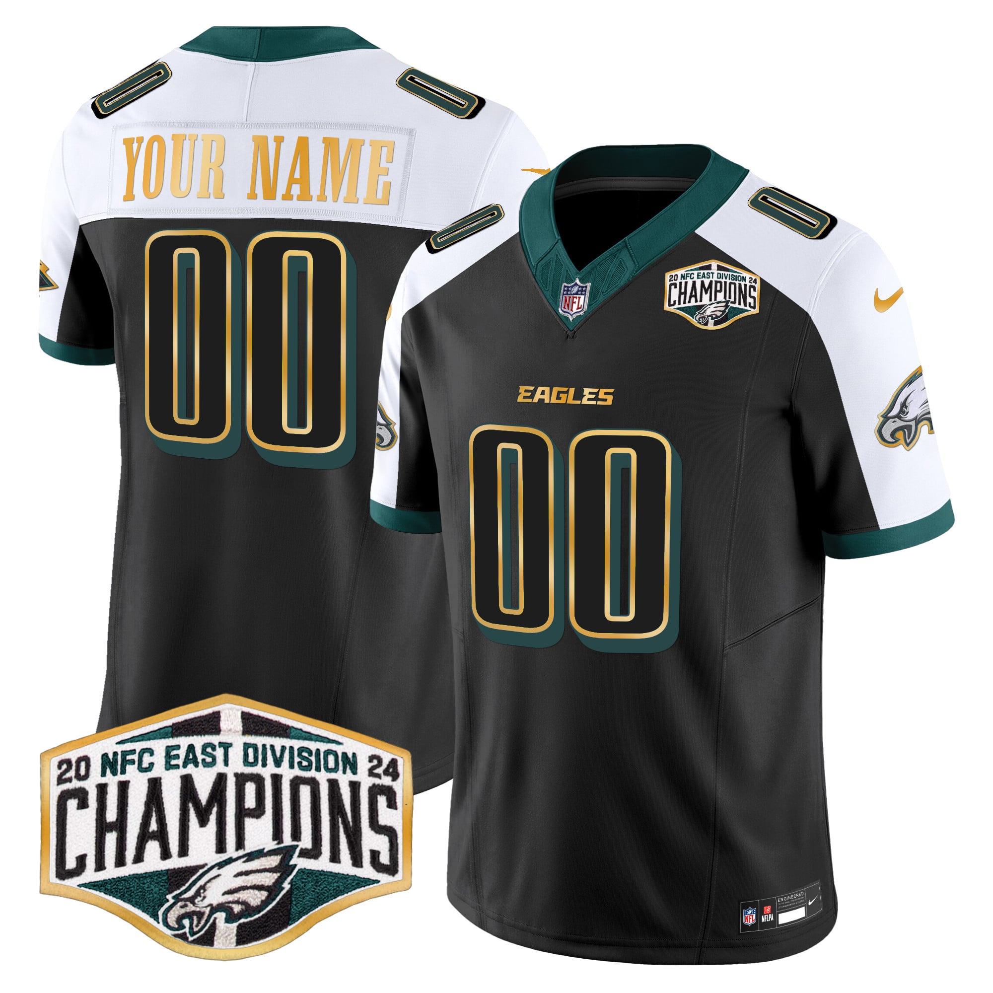 Custom Gender/Name Eagles 2024 NFC East Division Champions Gold Trim Vapor Limited Jersey – All Stitched