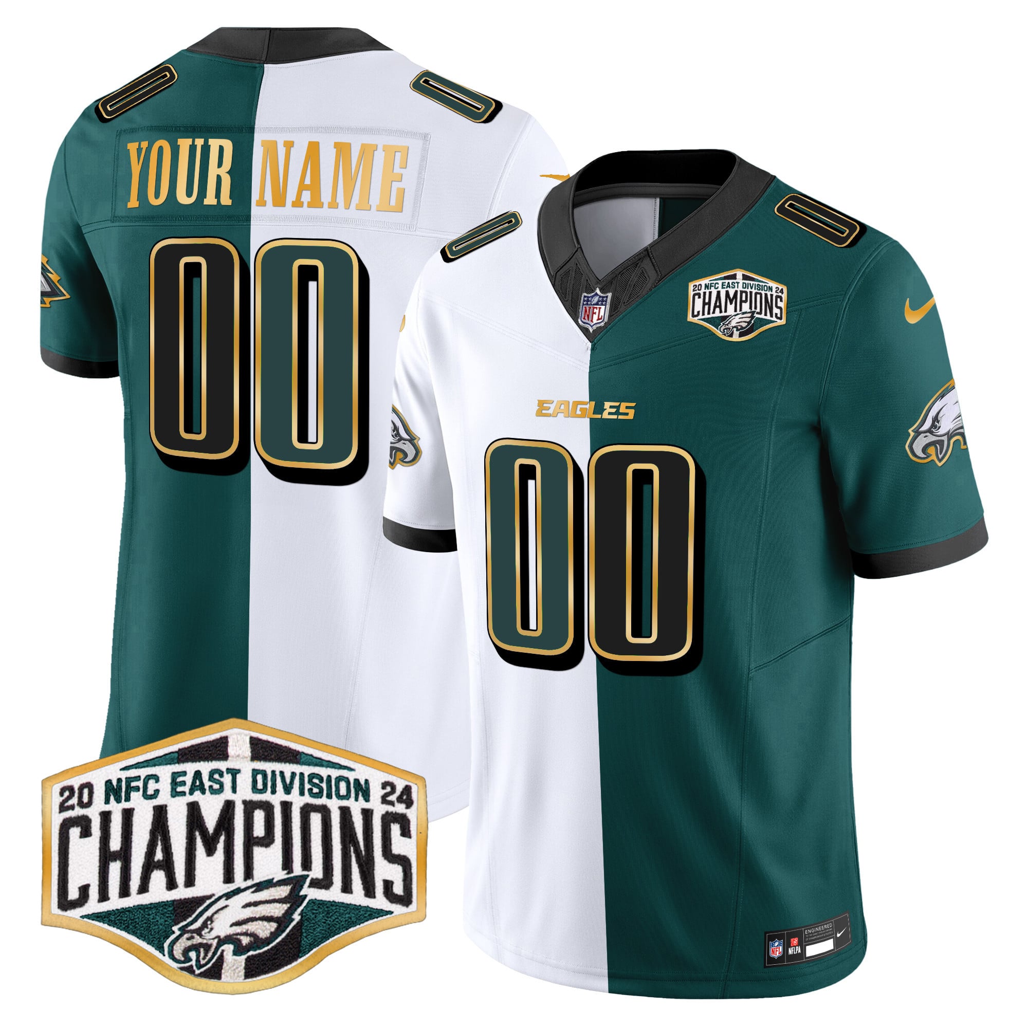 Custom Gender/Name Eagles 2024 NFC East Division Champions Gold Trim Vapor Limited Jersey – All Stitched