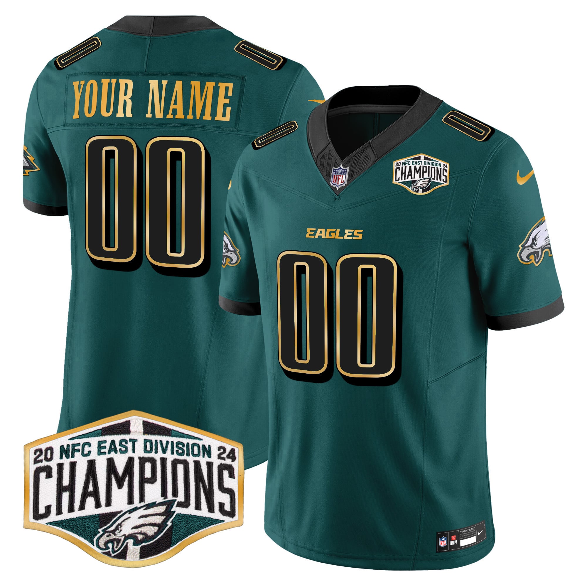 Custom Gender/Name Eagles 2024 NFC East Division Champions Gold Trim Vapor Limited Jersey – All Stitched