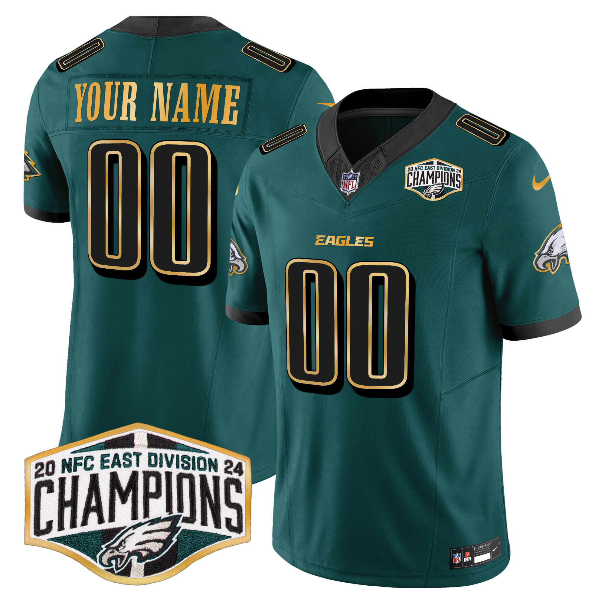 Custom Gender/Name Eagles 2024 NFC East Division Champions Gold Trim Vapor Limited Jersey – All Stitched