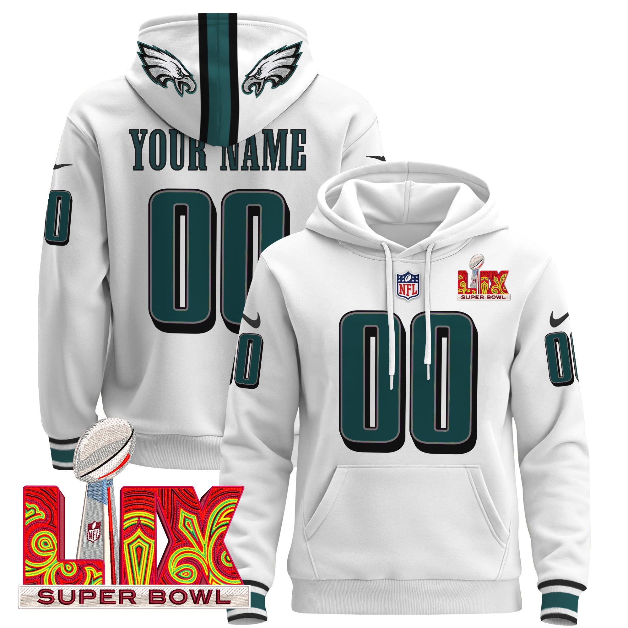 Philadelphia Eagles Super Bowl LIX Patch Custom Pullover Hoodie