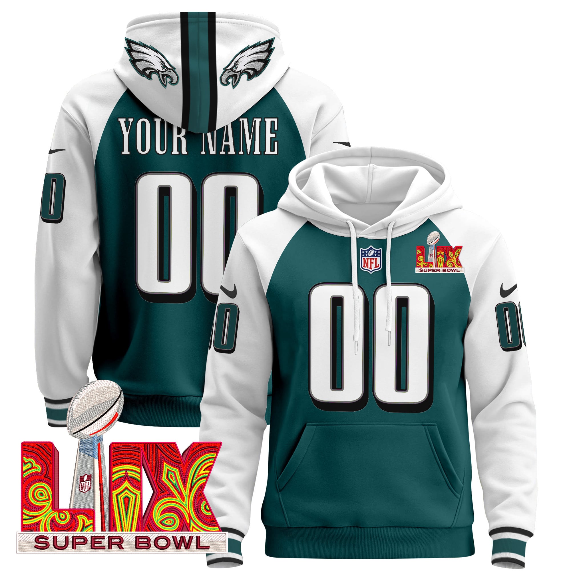 Philadelphia Eagles Super Bowl LIX Patch Custom Pullover Hoodie