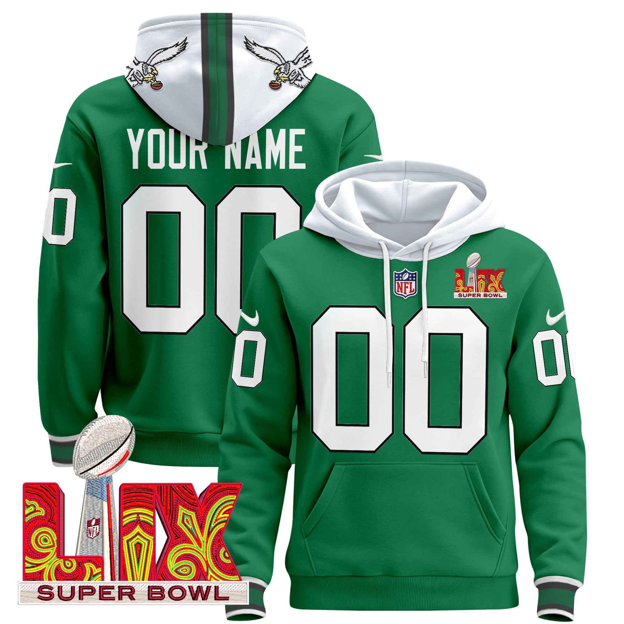 Philadelphia Eagles Super Bowl LIX Patch Custom Pullover Hoodie