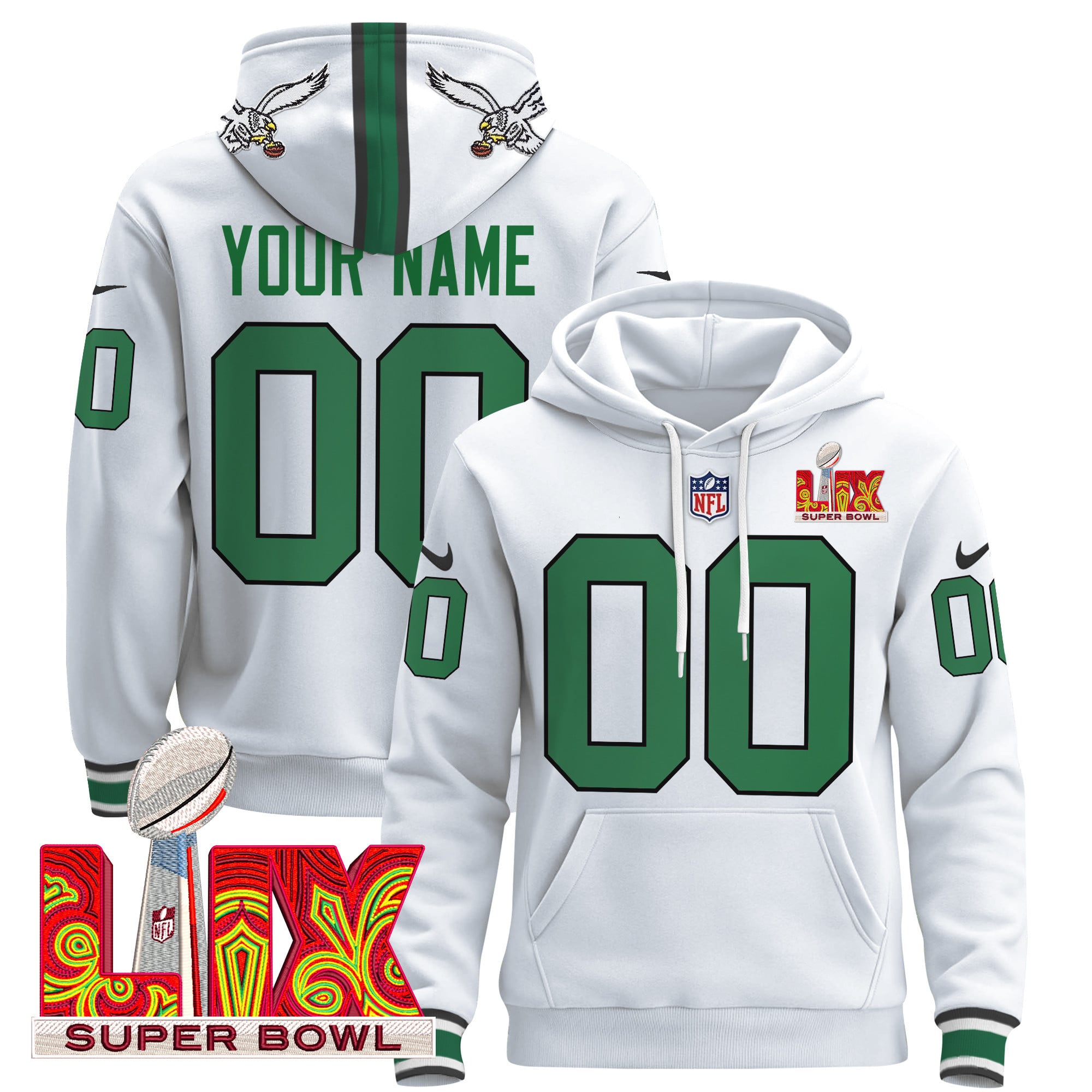 Philadelphia Eagles Super Bowl LIX Patch Custom Pullover Hoodie