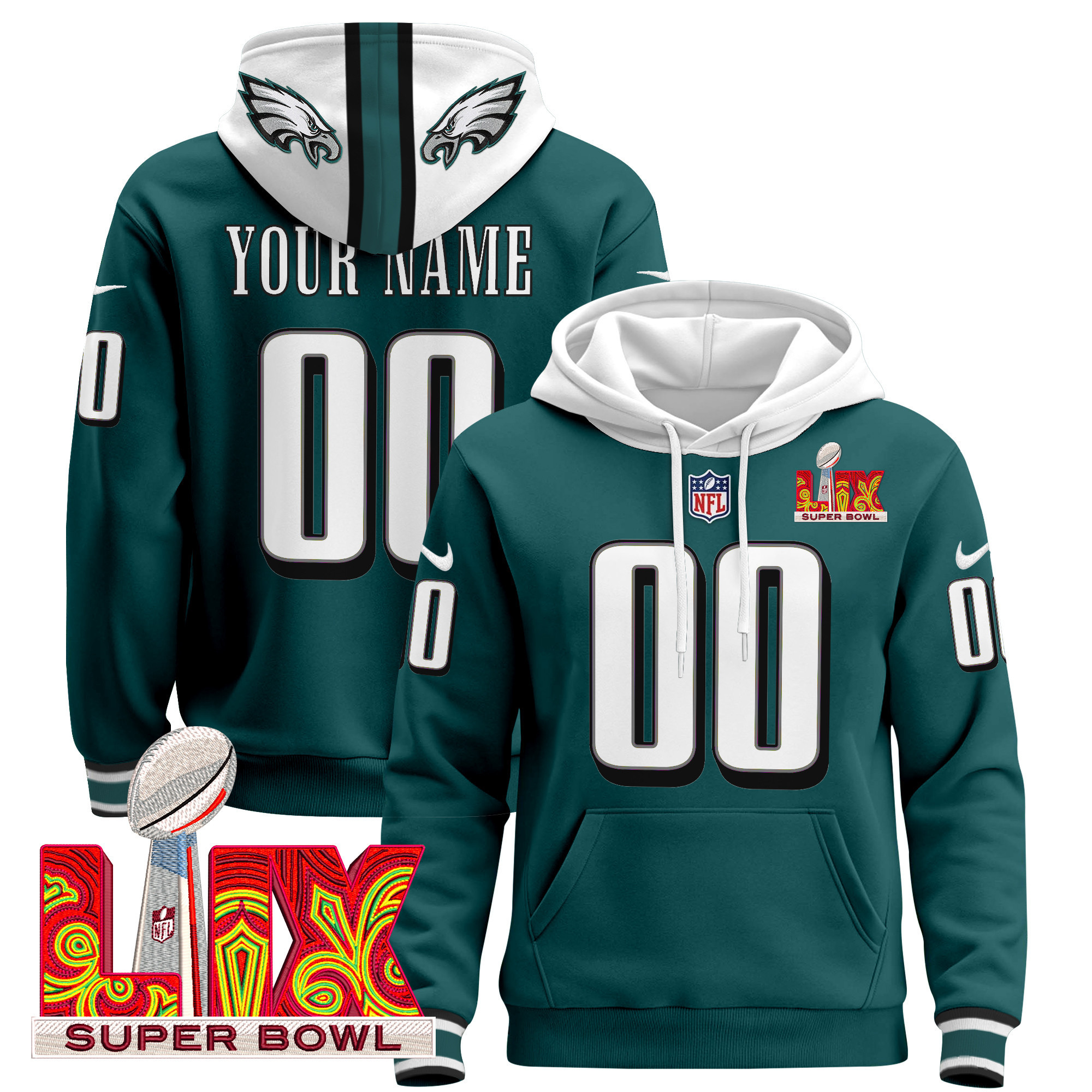 Philadelphia Eagles Super Bowl LIX Patch Custom Pullover Hoodie