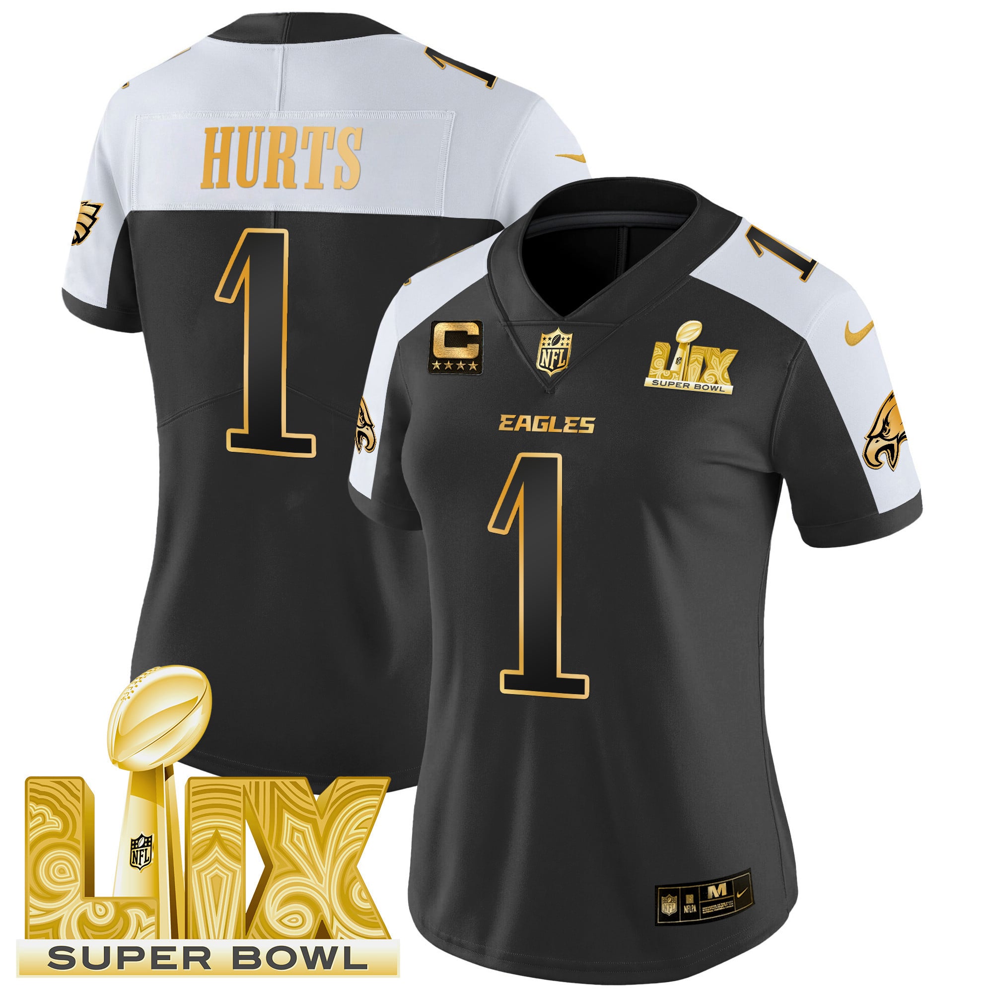 Women’s Philadelphia Eagles Super Bowl LIX Patch Gold Vapor Limited Jersey – All Stitched