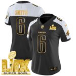 Women’s Philadelphia Eagles Super Bowl LIX Patch Gold Vapor Limited Jersey – All Stitched