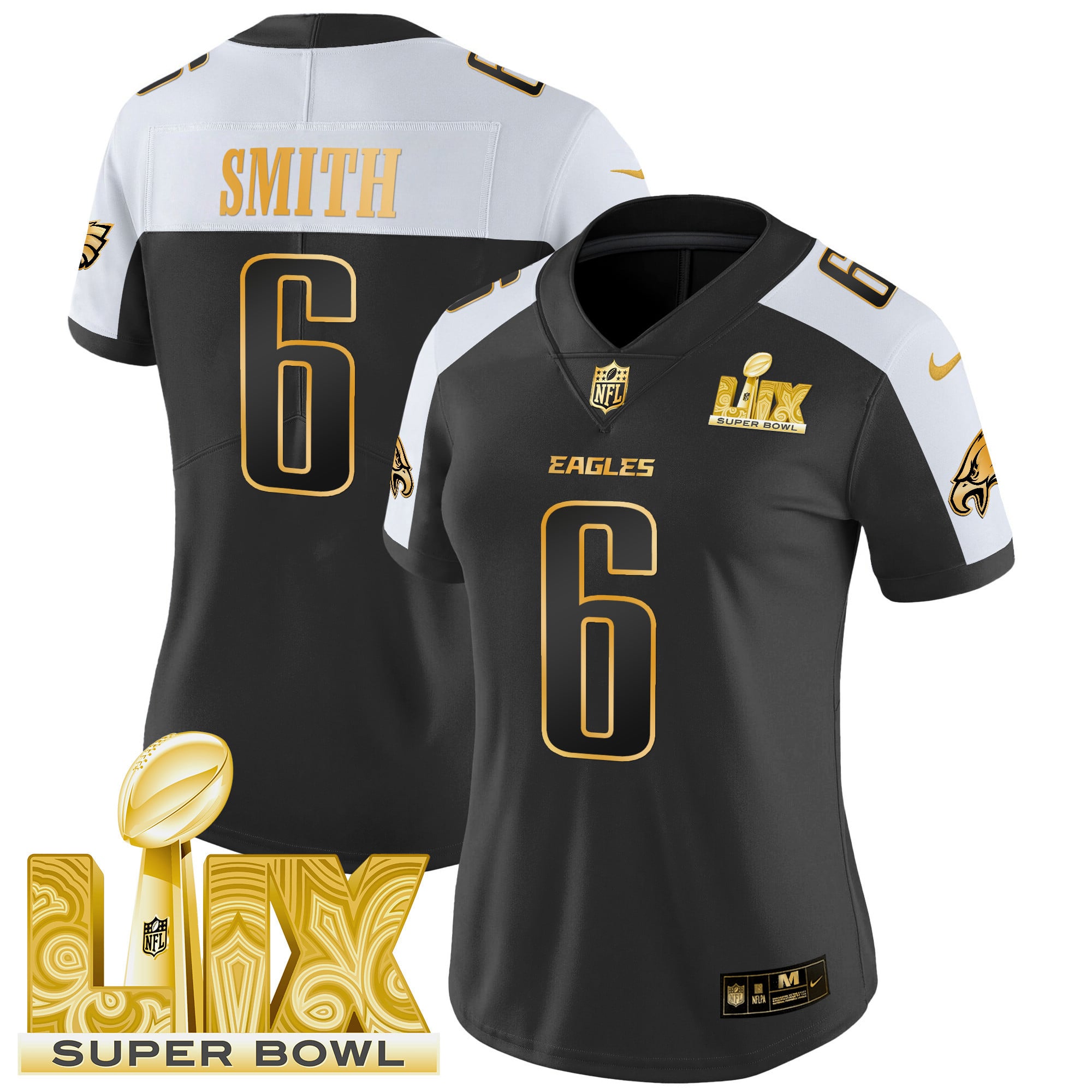 Women’s Philadelphia Eagles Super Bowl LIX Patch Gold Vapor Limited Jersey – All Stitched