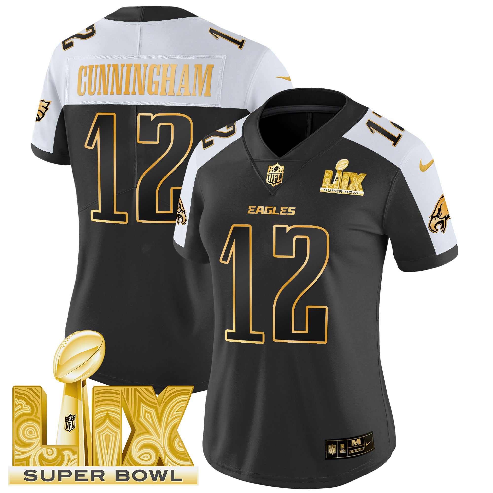 Women’s Philadelphia Eagles Super Bowl LIX Patch Gold Vapor Limited Jersey – All Stitched