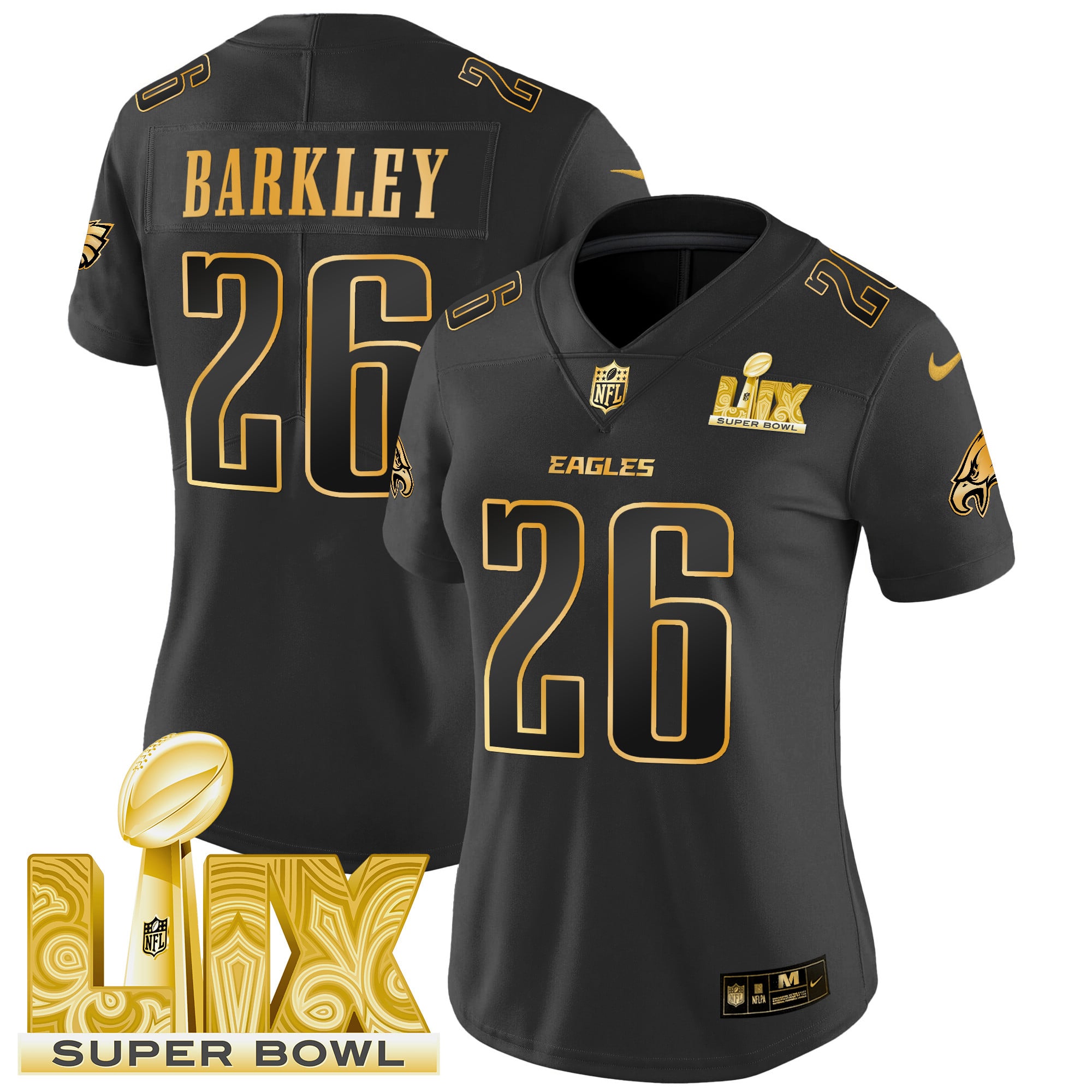 Women’s Philadelphia Eagles Super Bowl LIX Patch Gold Vapor Limited Jersey – All Stitched