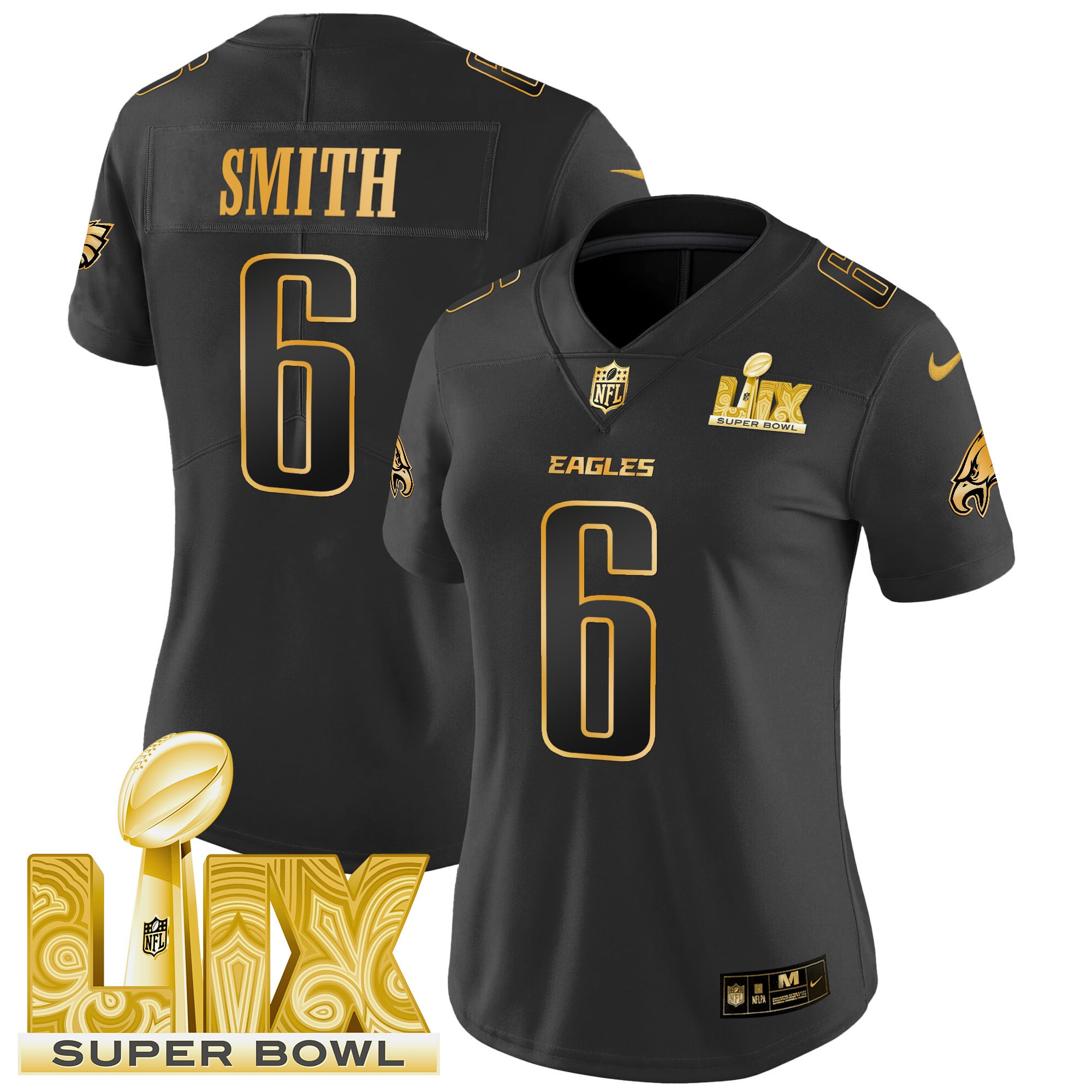 Women’s Philadelphia Eagles Super Bowl LIX Patch Gold Vapor Limited Jersey – All Stitched