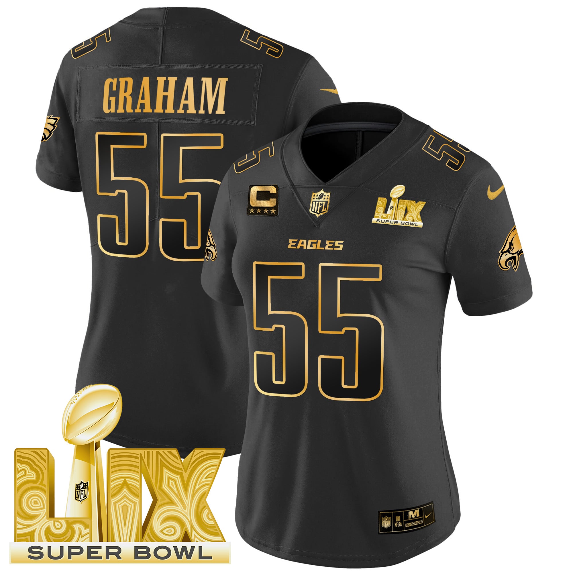 Women’s Philadelphia Eagles Super Bowl LIX Patch Gold Vapor Limited Jersey – All Stitched