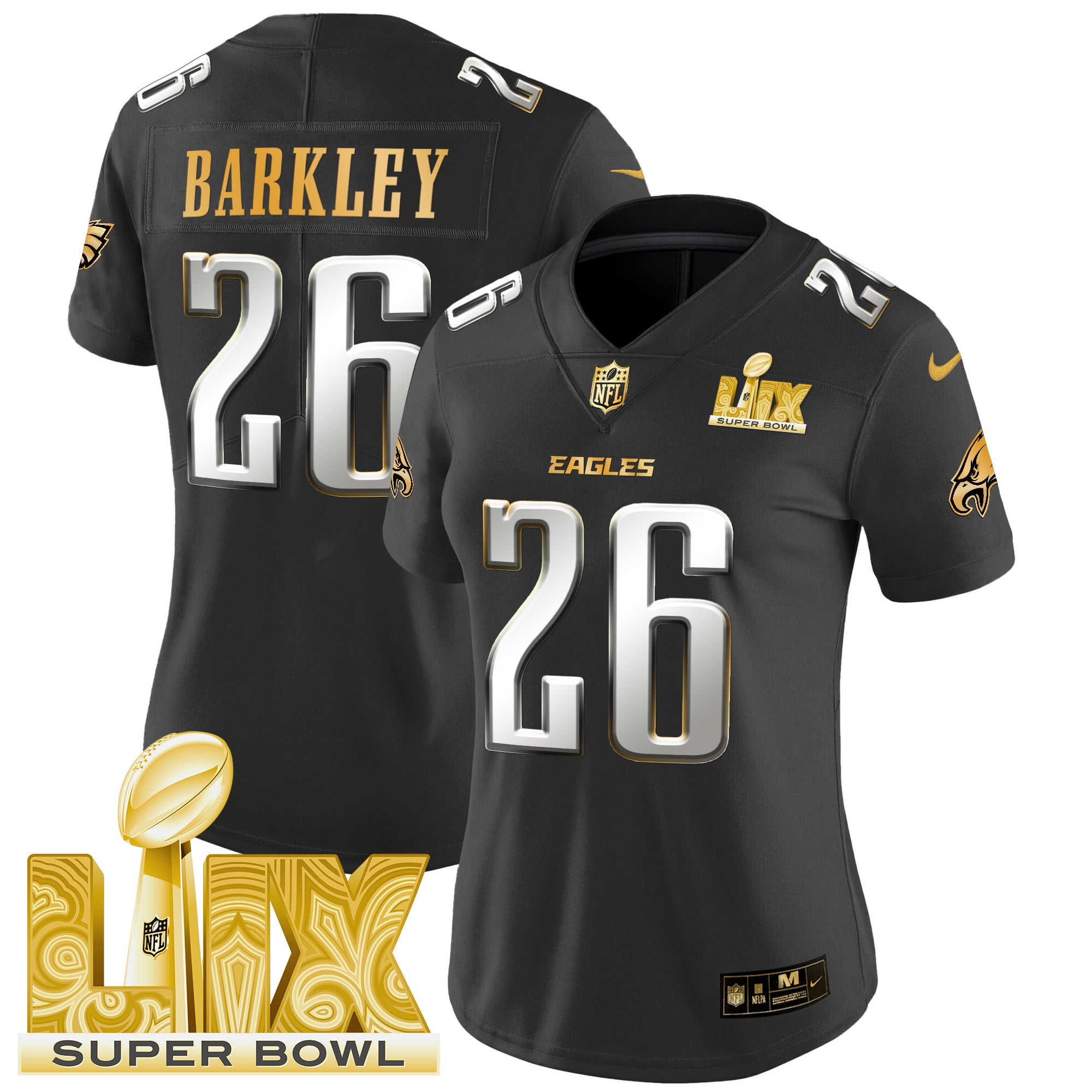 Women’s Philadelphia Eagles Super Bowl LIX Patch Gold Vapor Limited Jersey – All Stitched
