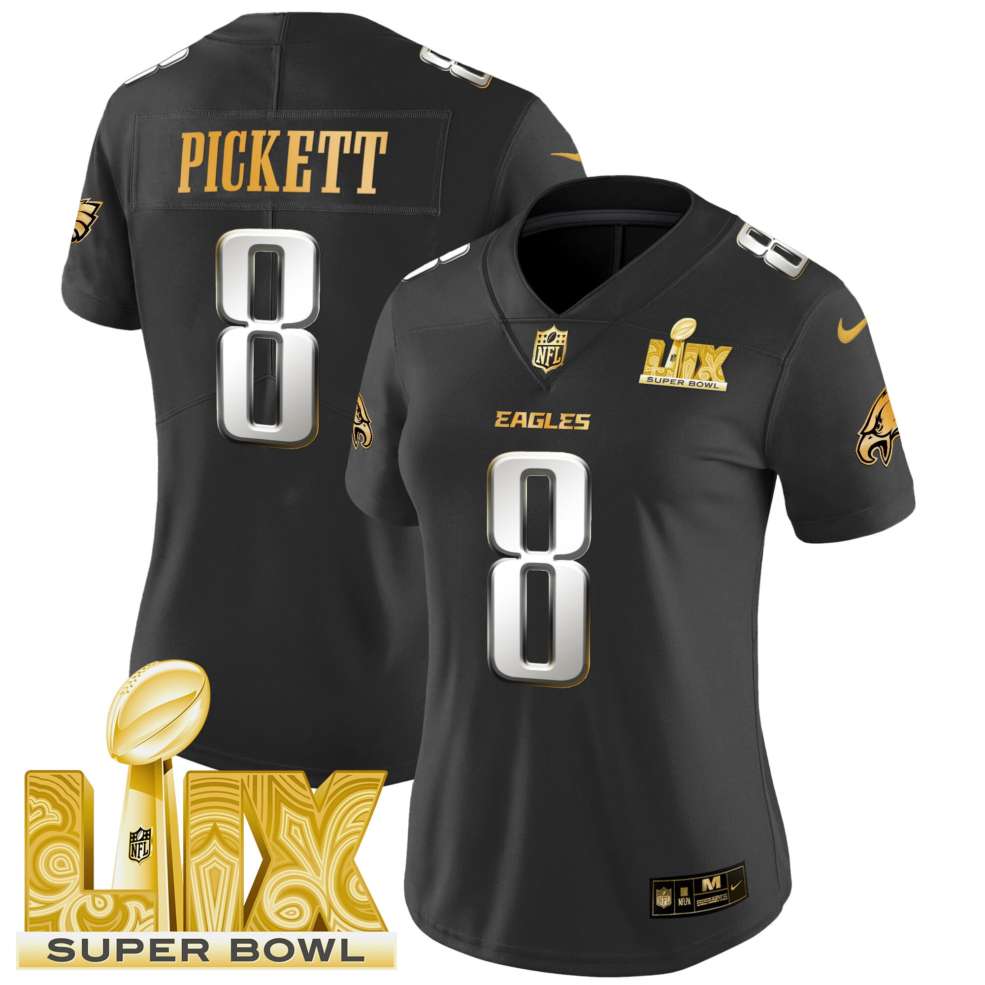 Women’s Philadelphia Eagles Super Bowl LIX Patch Gold Vapor Limited Jersey – All Stitched