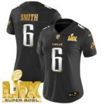 Women’s Philadelphia Eagles Super Bowl LIX Patch Gold Vapor Limited Jersey – All Stitched