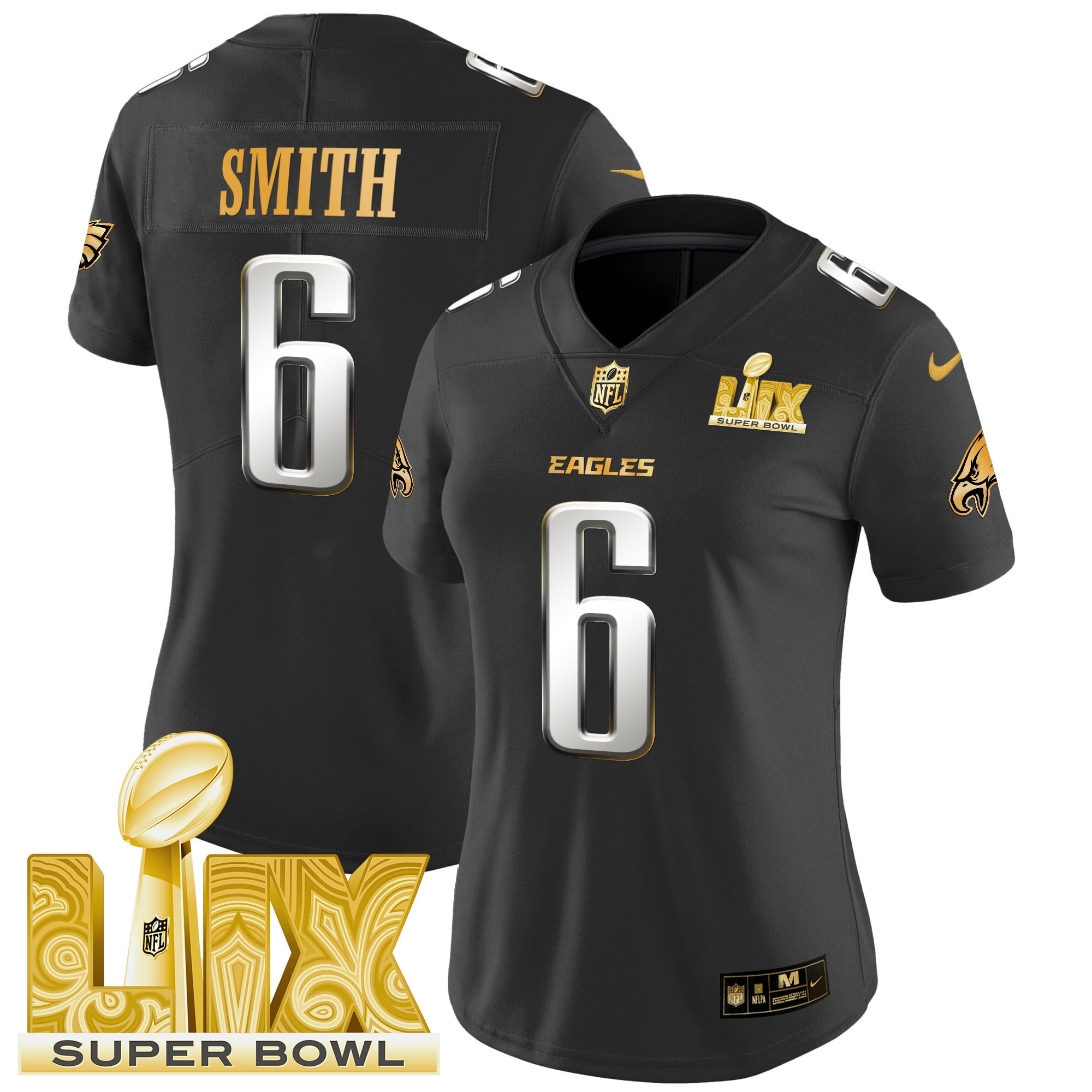 Women’s Philadelphia Eagles Super Bowl LIX Patch Gold Vapor Limited Jersey – All Stitched