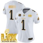 Women’s Philadelphia Eagles Super Bowl LIX Patch Gold Vapor Limited Jersey – All Stitched