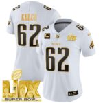 Women’s Philadelphia Eagles Super Bowl LIX Patch Gold Vapor Limited Jersey – All Stitched