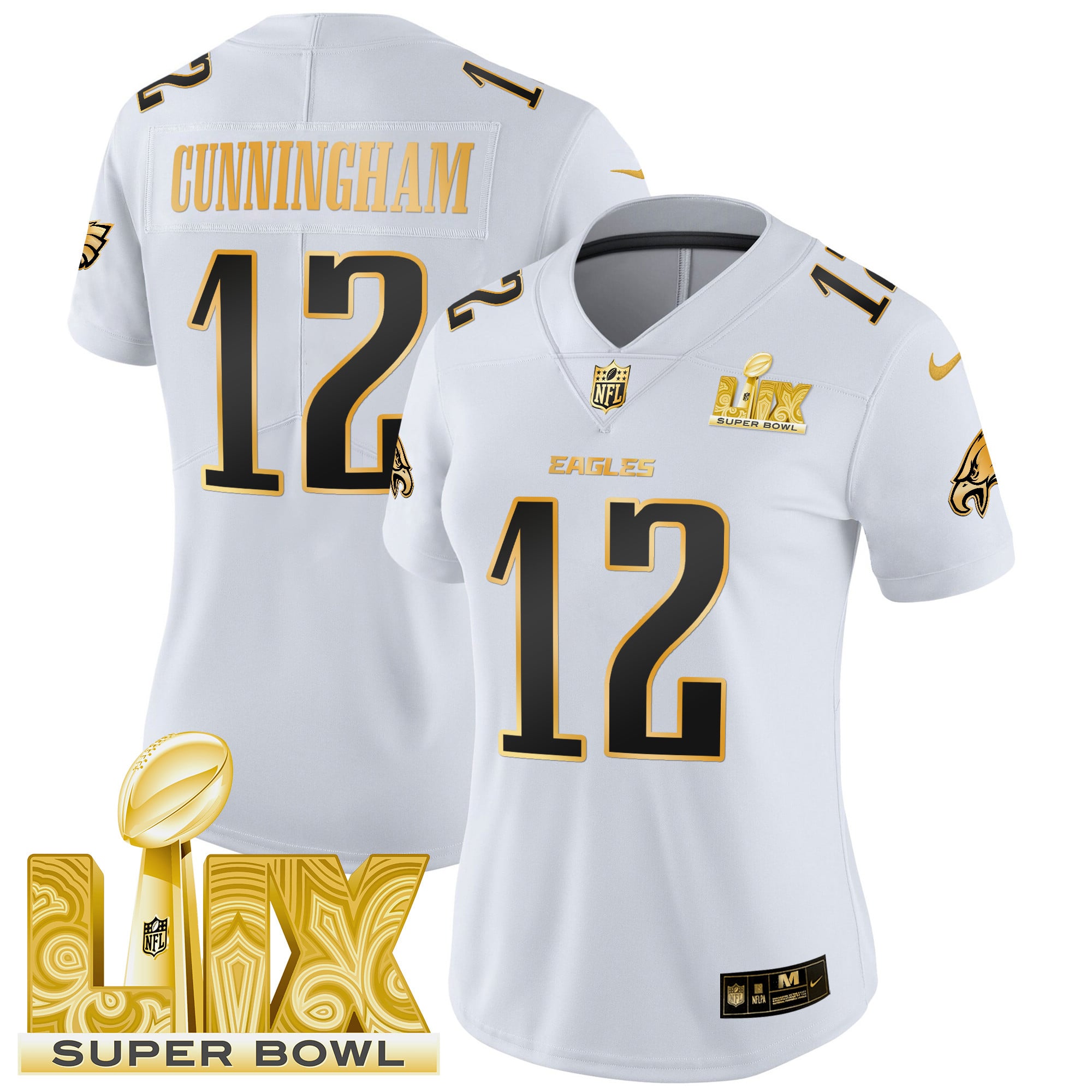 Women’s Philadelphia Eagles Super Bowl LIX Patch Gold Vapor Limited Jersey – All Stitched