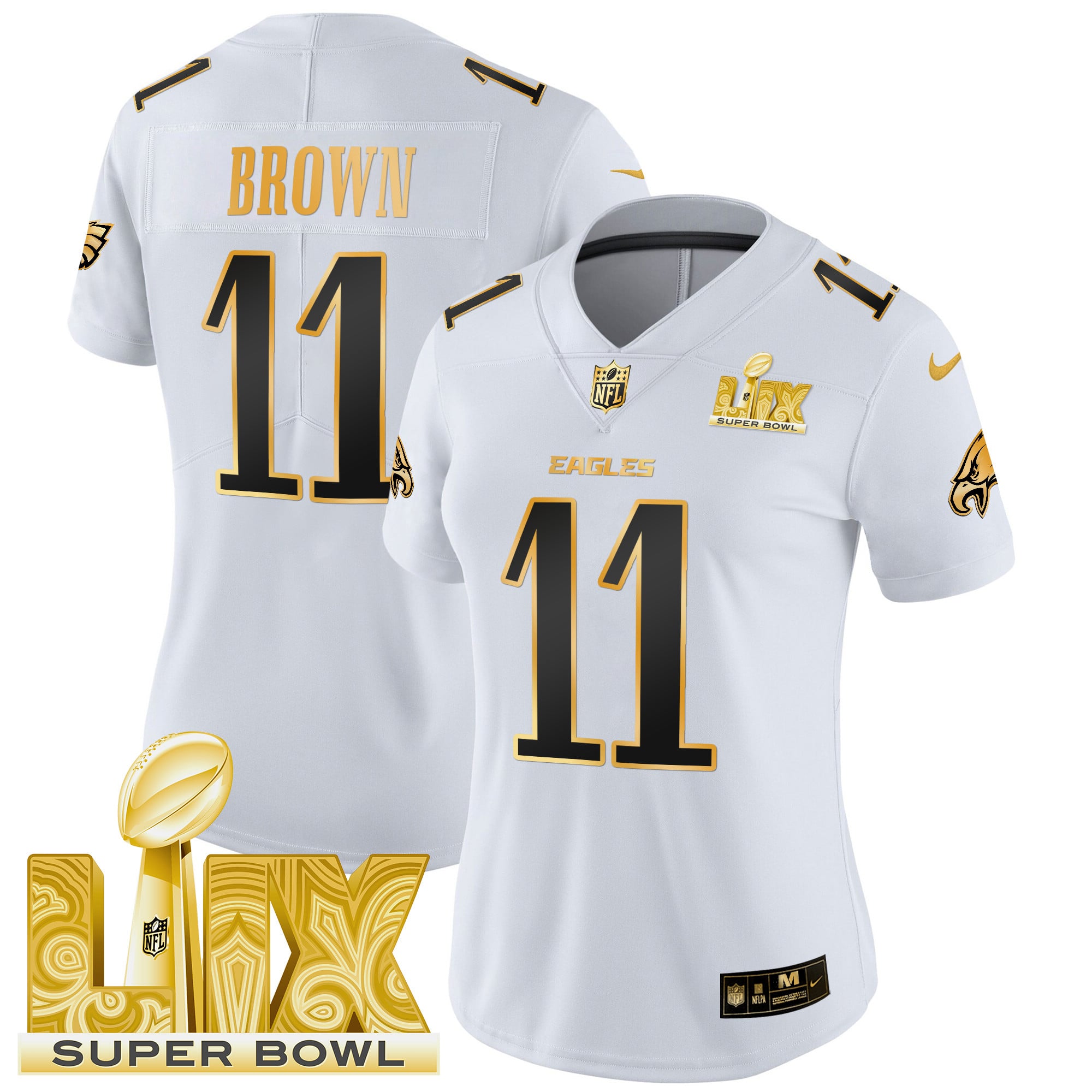 Women’s Philadelphia Eagles Super Bowl LIX Patch Gold Vapor Limited Jersey – All Stitched