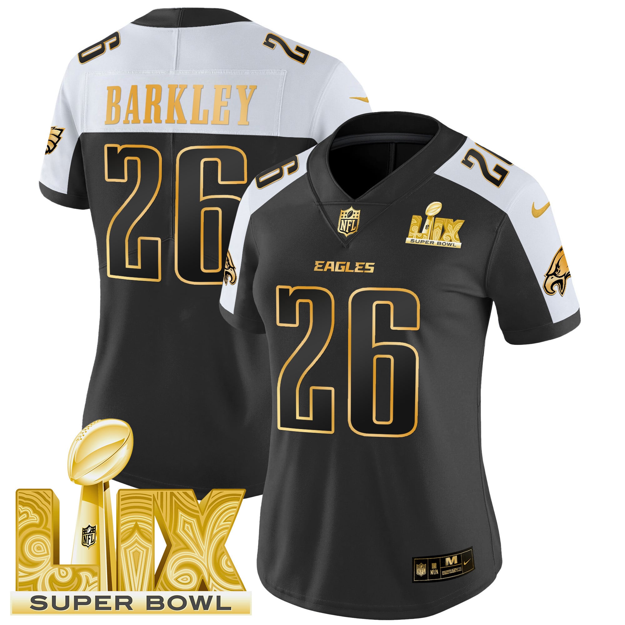 Women’s Philadelphia Eagles Super Bowl LIX Patch Gold Vapor Limited Jersey – All Stitched