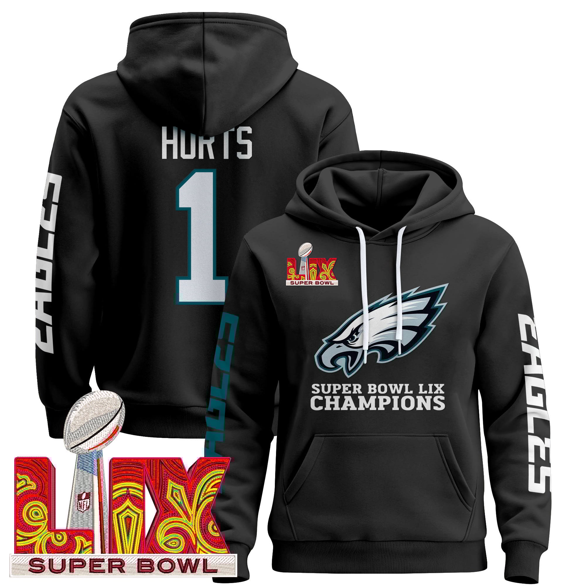 Philadelphia Eagles Super Bowl LIX Patch Pullover Hoodie V5