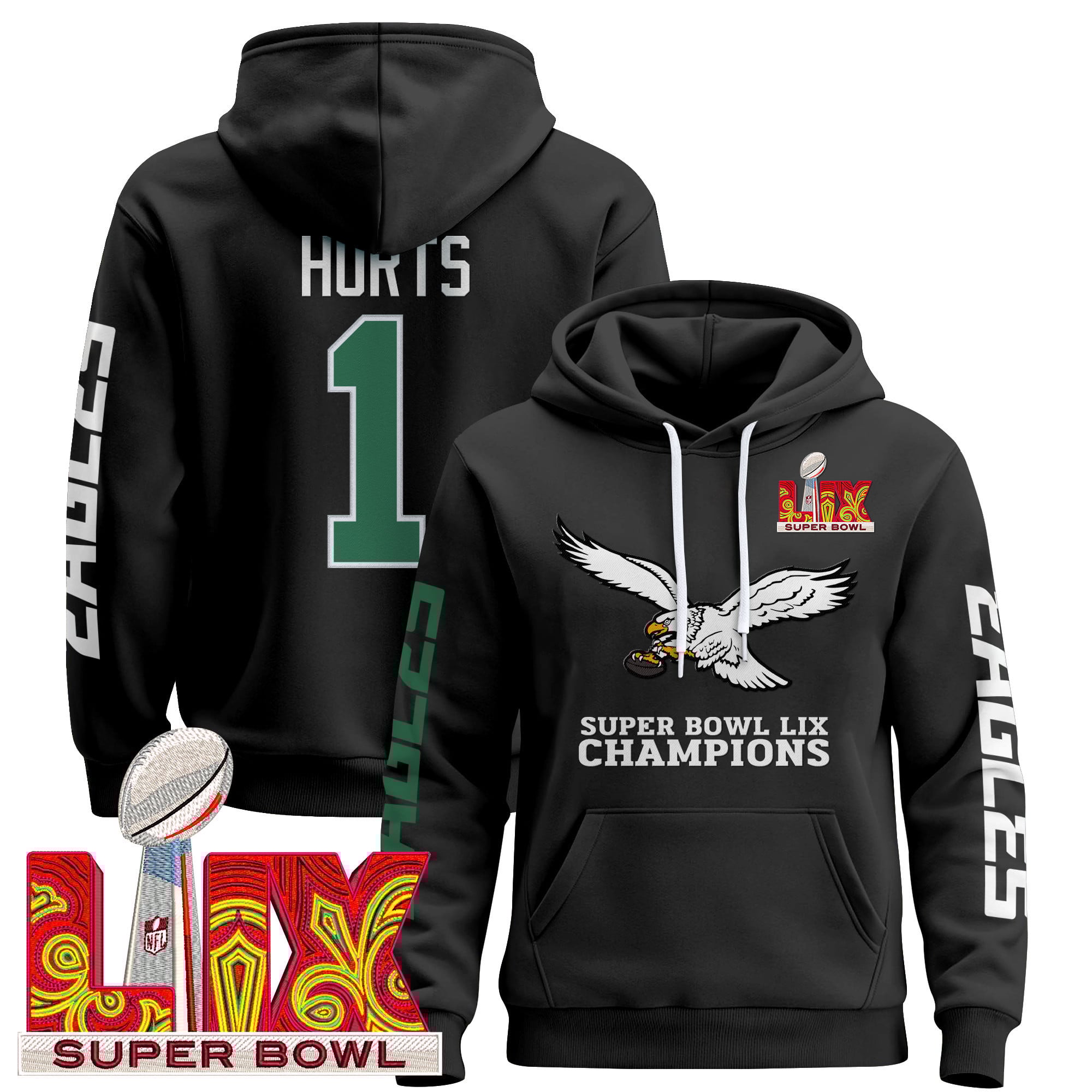 Philadelphia Eagles Super Bowl LIX Patch Pullover Hoodie V6